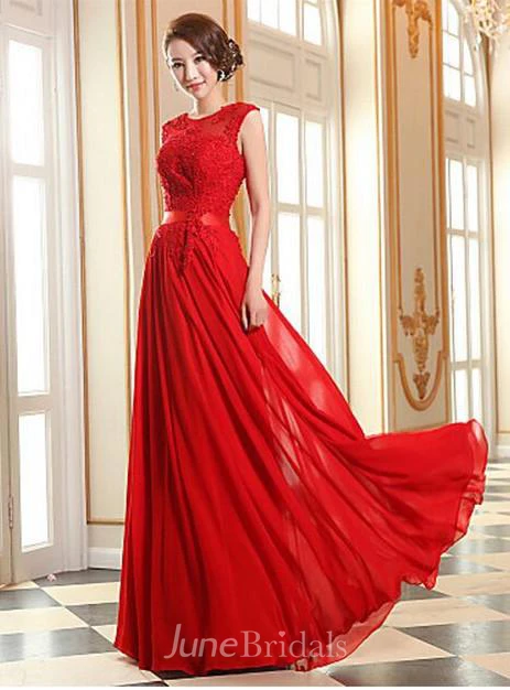 Sexy A-line Jewel Chiffon Prom Dress Lace Appliques