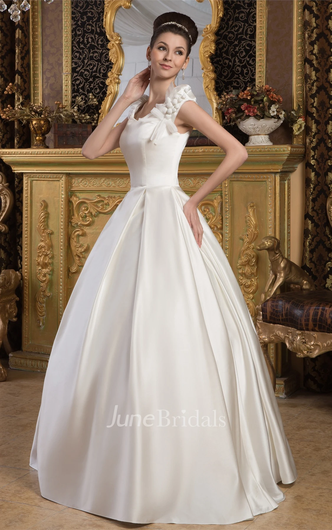 Caped-Sleeve Satin A-Line Ball Gown with Epaulet
