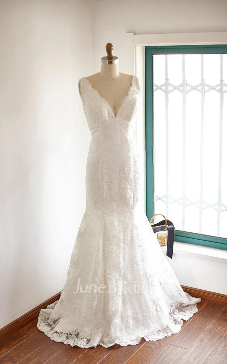 Trumpet V-Neck Lace Satin Weddig Dress With Low-V Back