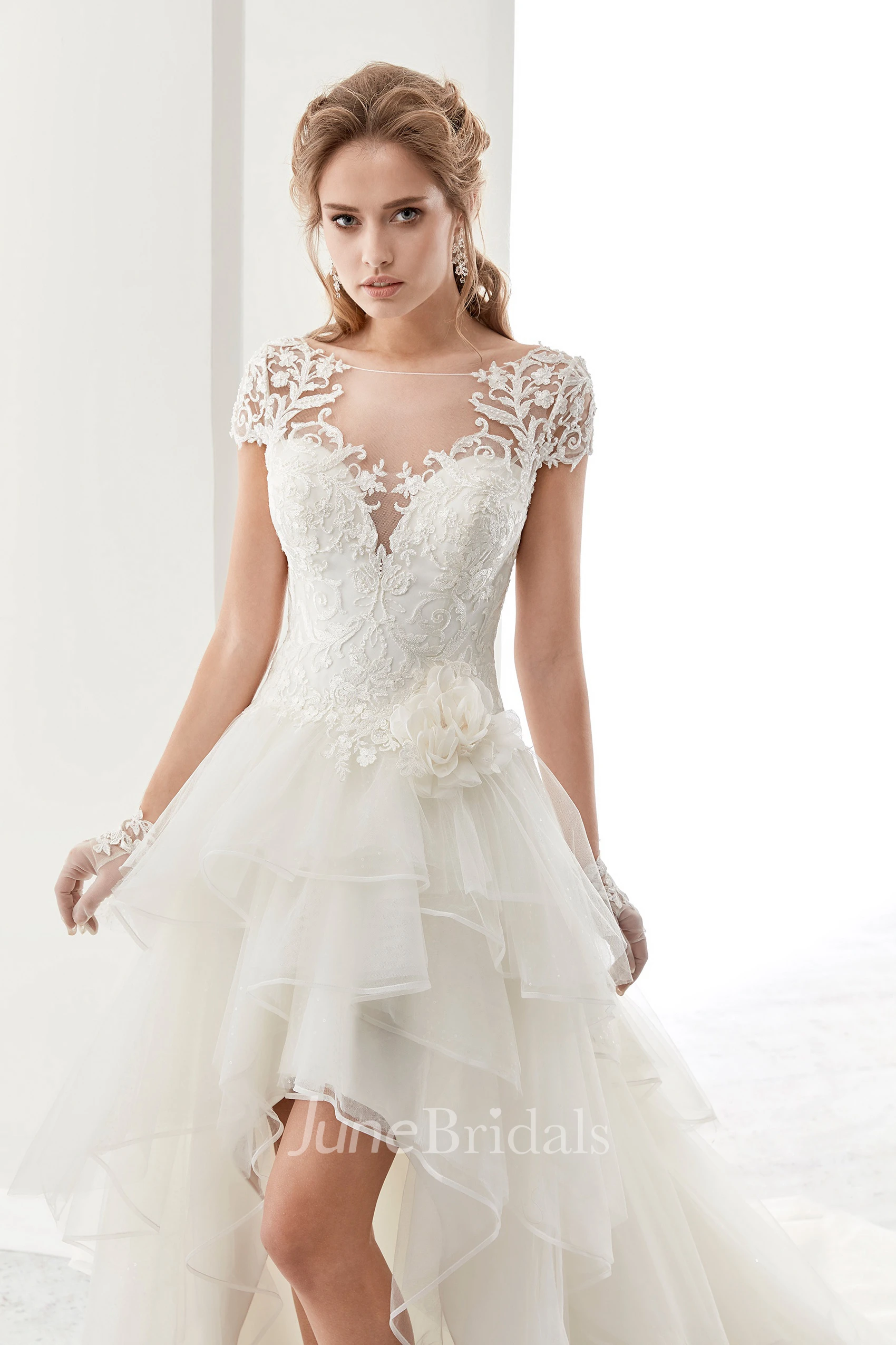 Illusion Jewel-Neck High-Low Bridal Gown With Ruffles And T-Shirt Sleeves