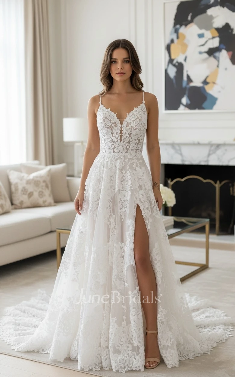 Beach Lace A-Line Wedding Dress Boho V-Neck Spaghetti Gown with Slit