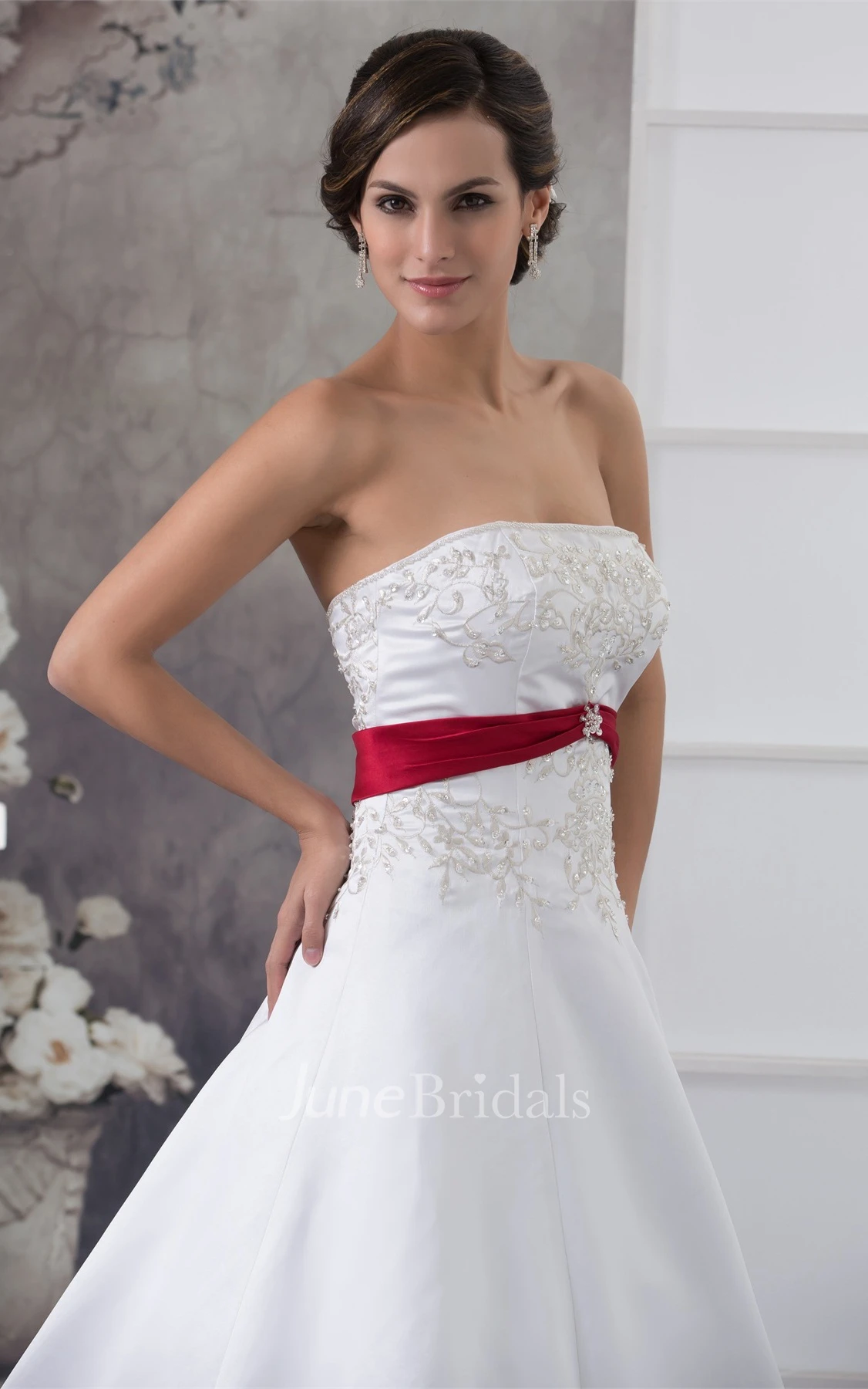 A-Line Satin Ball Gown with Embroideries and Broach