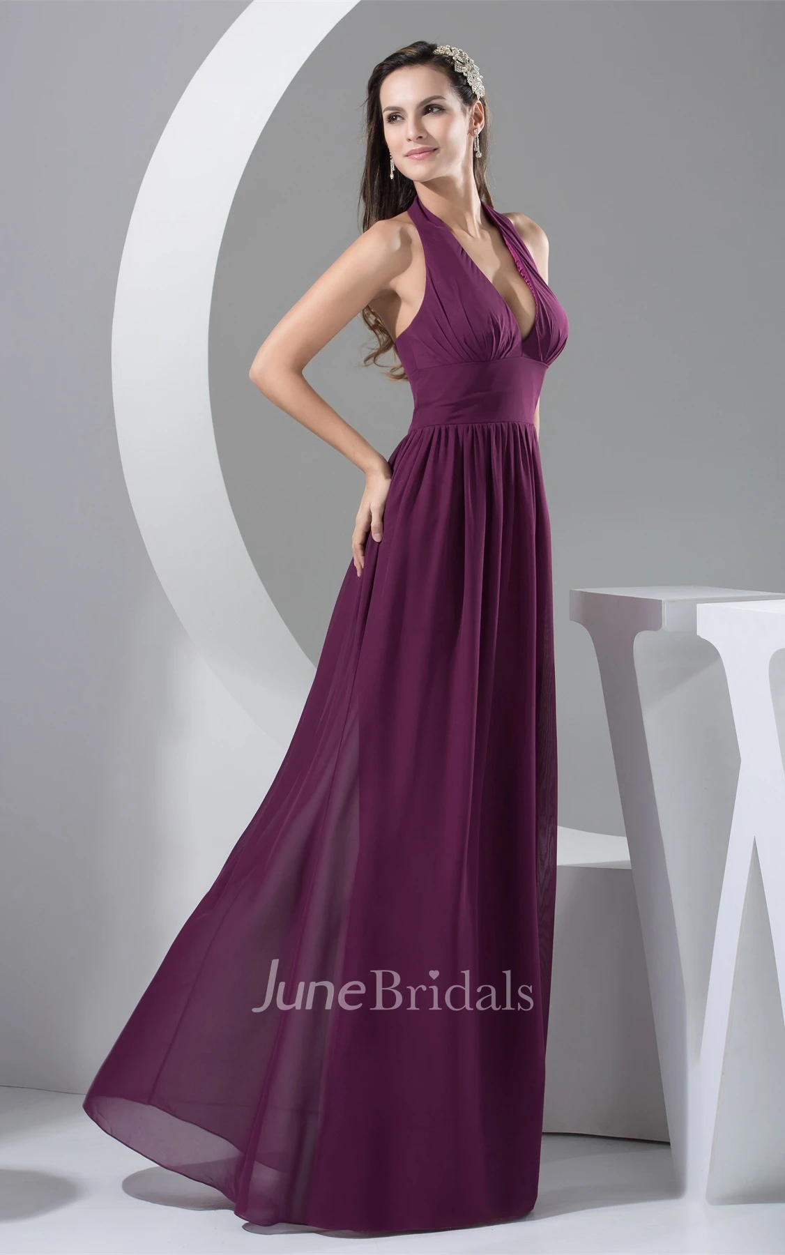 Plunged Backless Chiffon Sheath Dress with Pleats