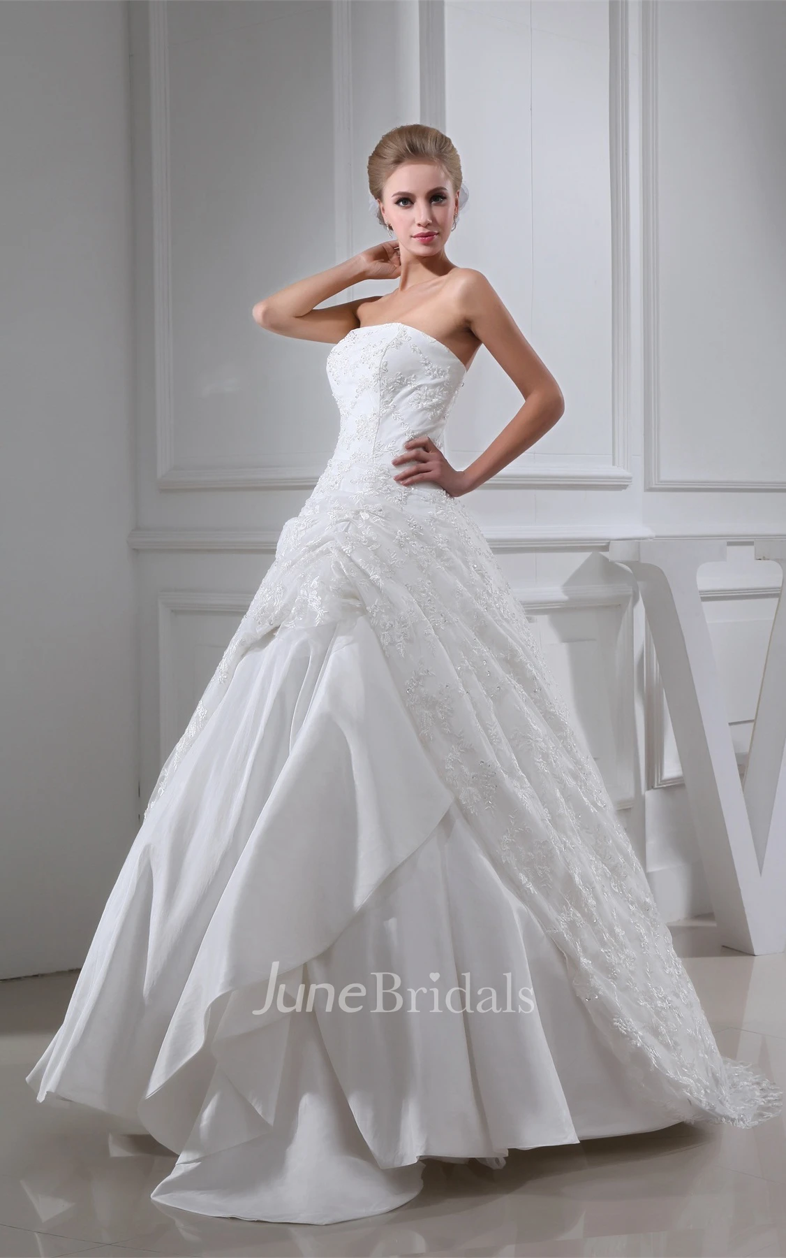 Strapless Appliqued Ball Gown with Ruching and Side Draping