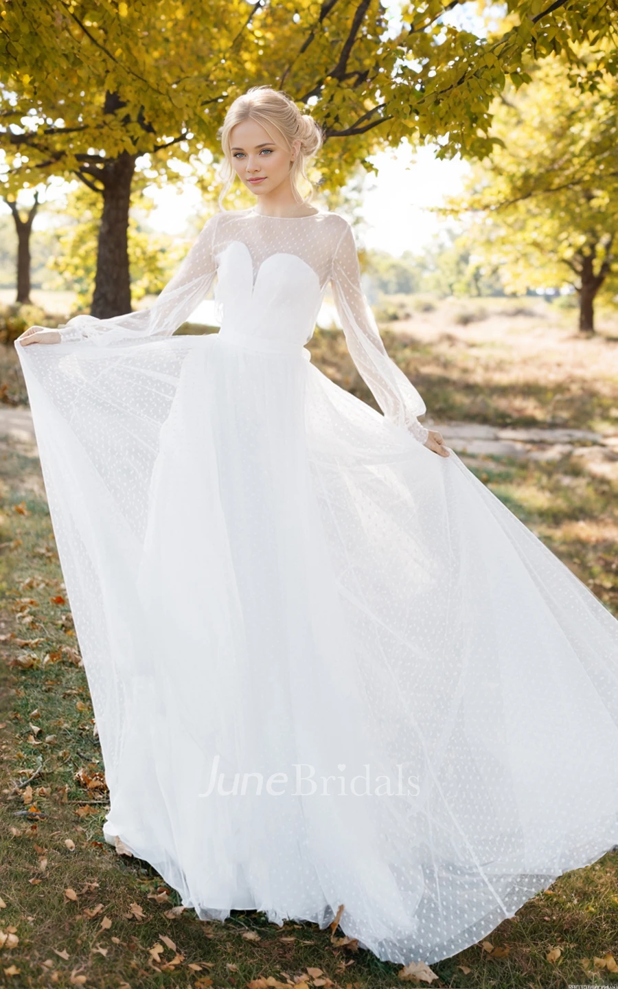 Elegant Flowy A-Line Garden Spring Wedding Dress Long Sleeve Sweetheart Ruching Train