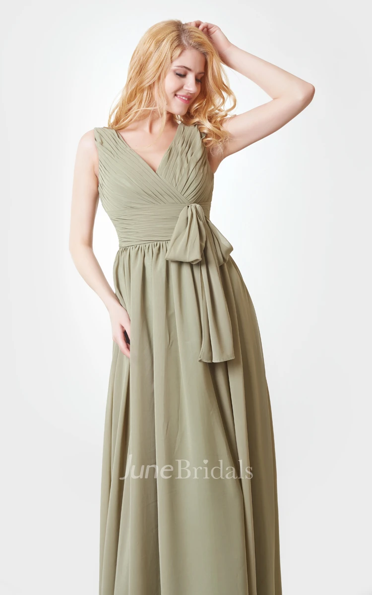 Ruched A-line Long Chiffon Dress With Bow and Straps