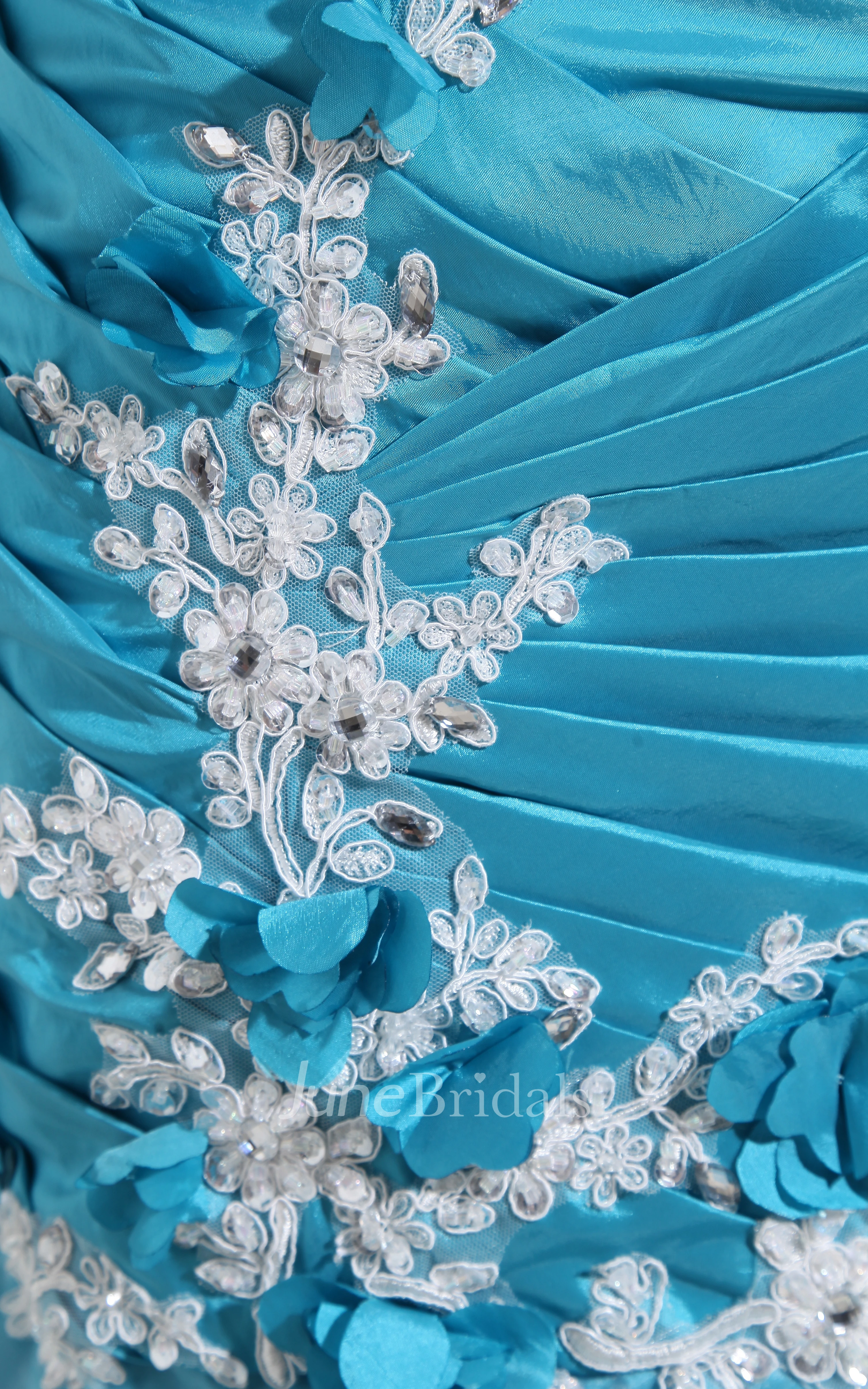 Delicate Satin High-Low Dress With Pick-Up Ruffles and Appliques