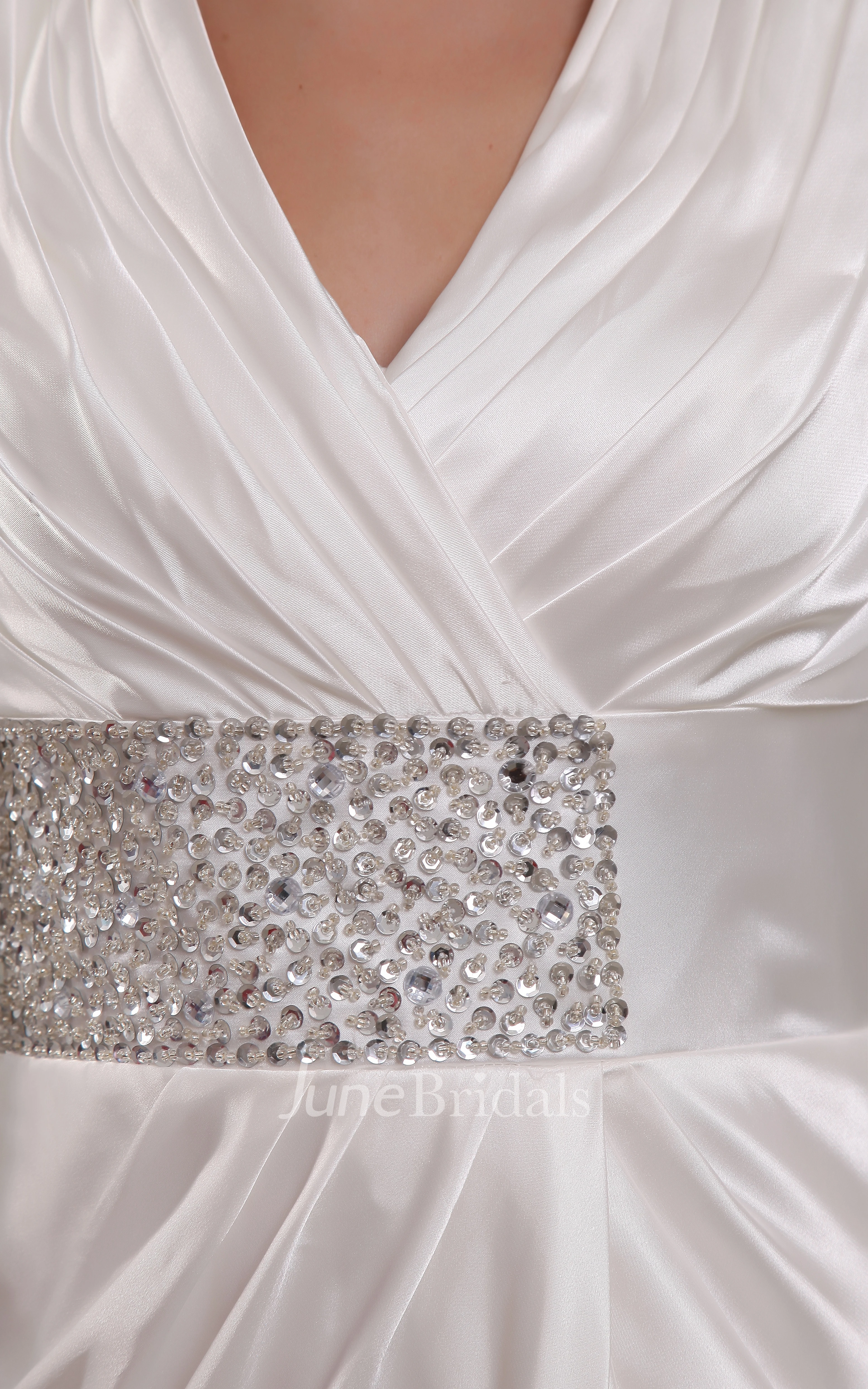 Classic Long-Sleeve V-Neck Dress With Beaded Waist