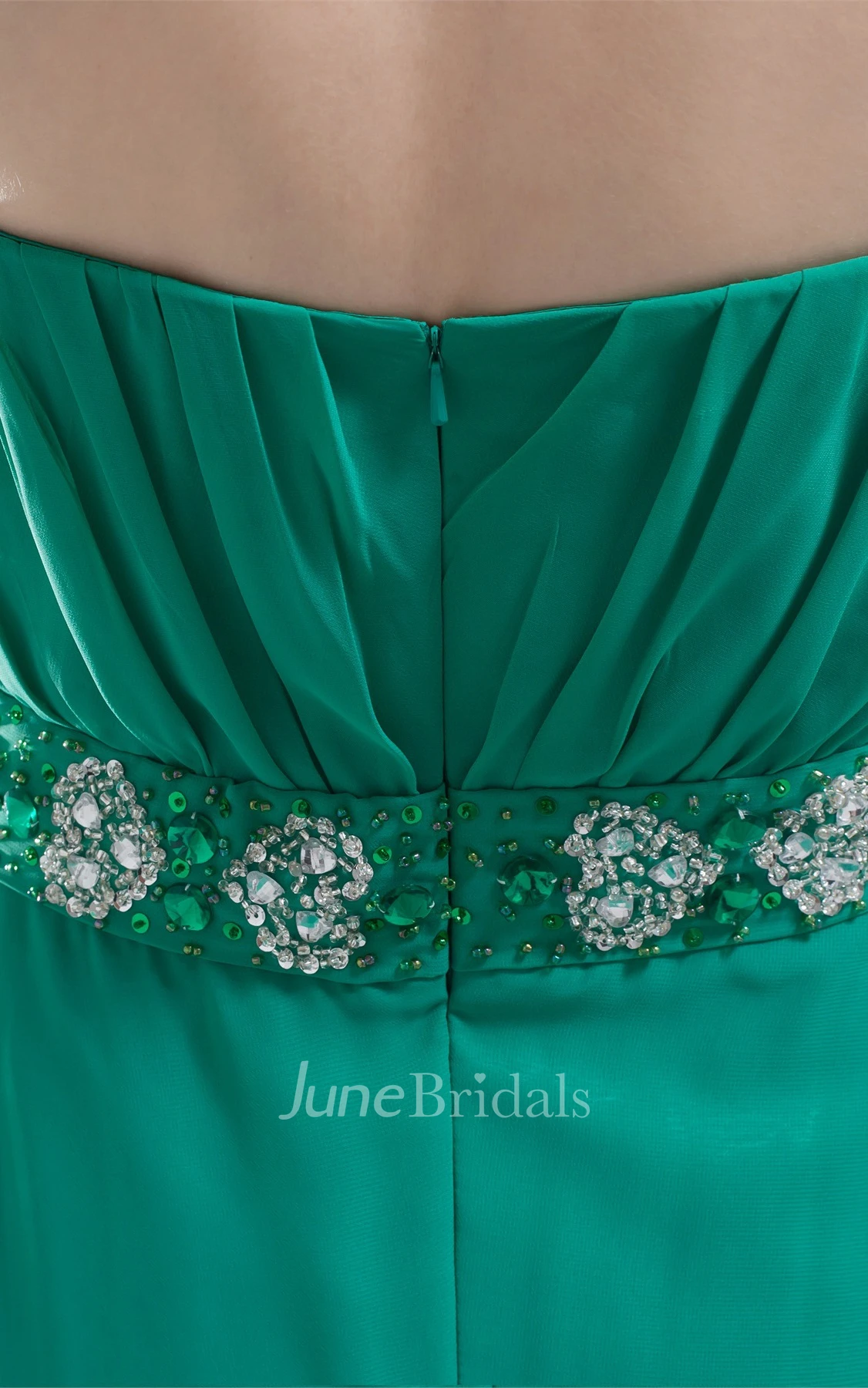 Side Draping Strapless Ruched Gown with Beaded Sash Detachable Cap Sleeve