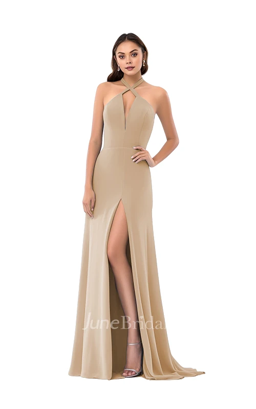 Modern Sheath Plunging Neck Satin Bridesmaid Dress with Split Front