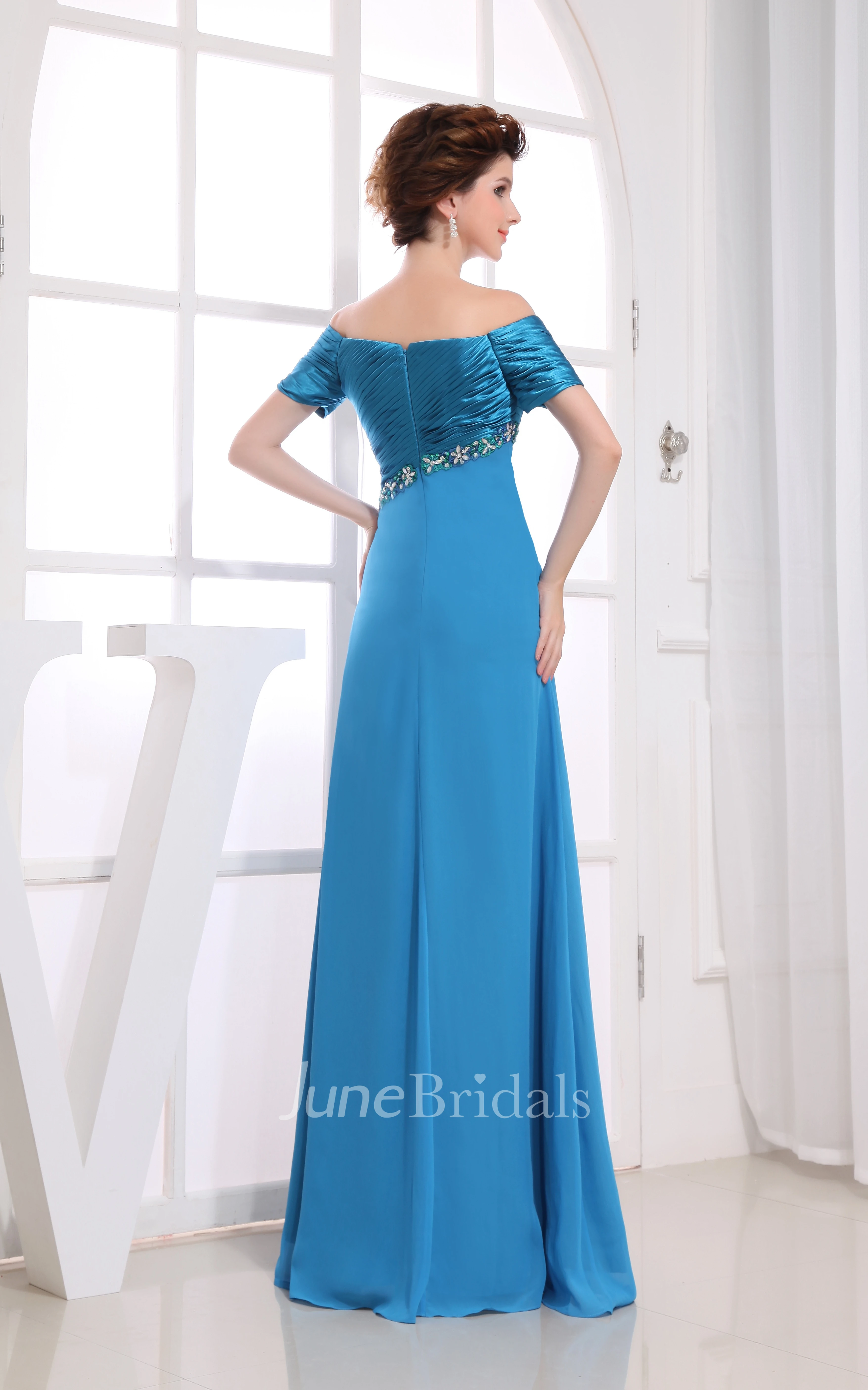 Off-The-Shoulder Ruched Maxi Dress With Beading
