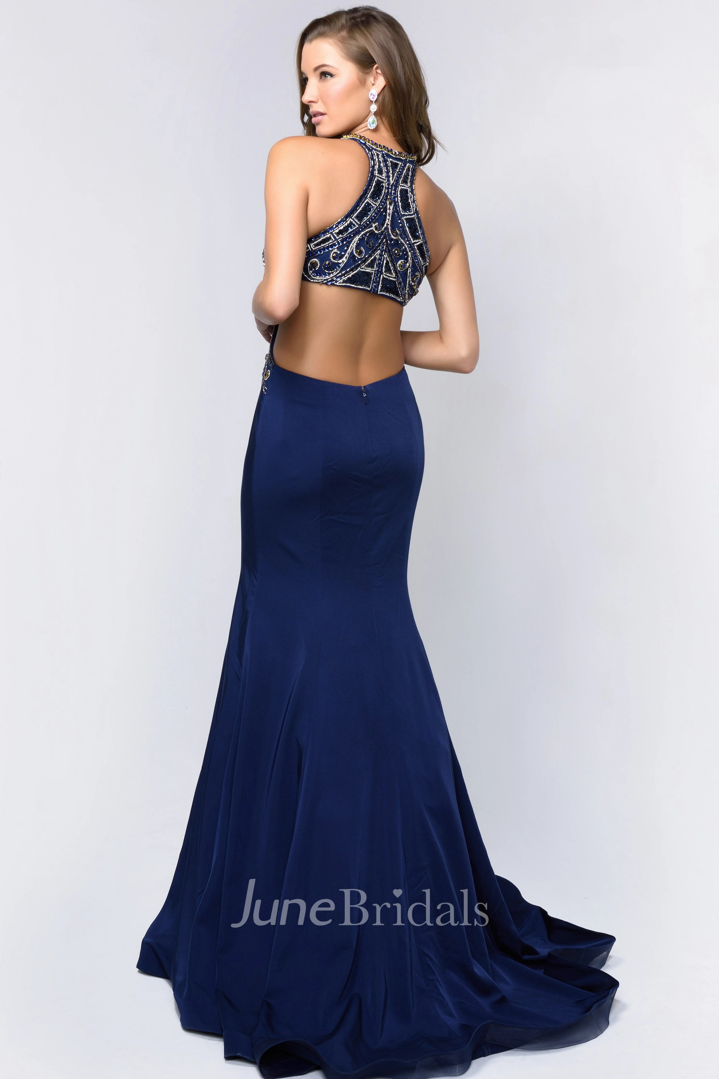 Sheath Maxi Scoop-Neck Sleeveless Jersey Zipper Dress With Beading And Sequins