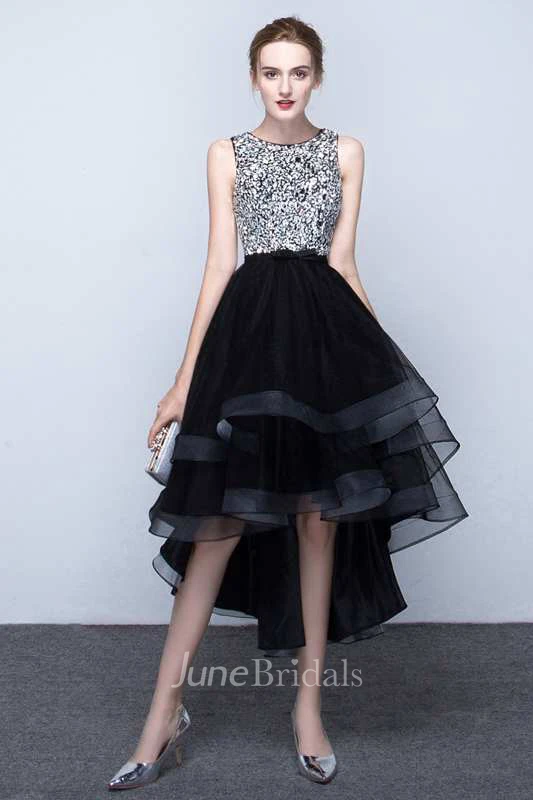 Sleeveless Jewel Neck High Low Organza Dress With Beaded Bodice