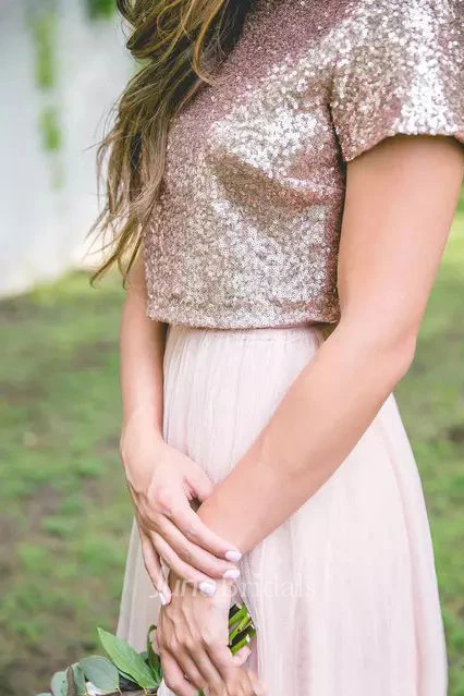 A-Line Jewel Spaghetti Sleeveless Short Sleeve Tulle Sequins Dress