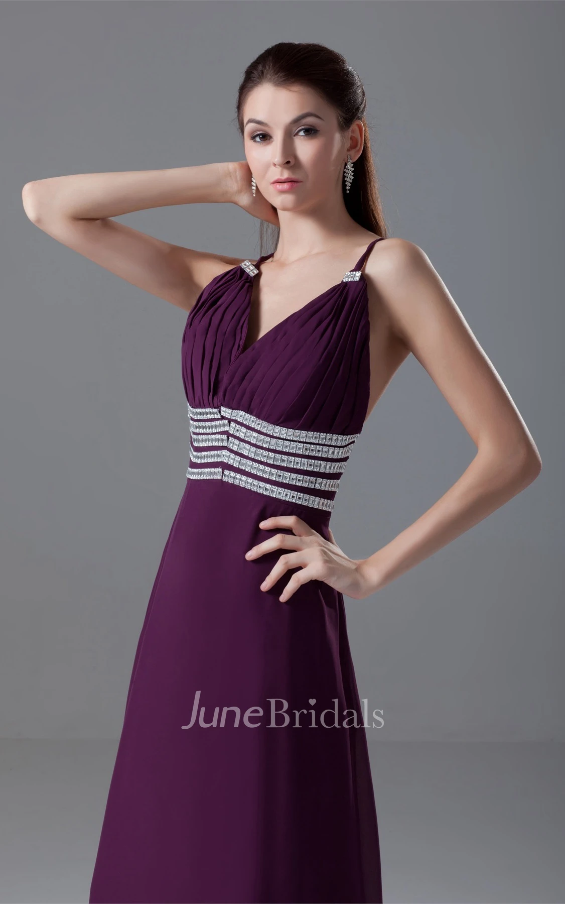 Spaghetti-Strap Chiffon Maxi Dress with Ruching and Gemmed Waist