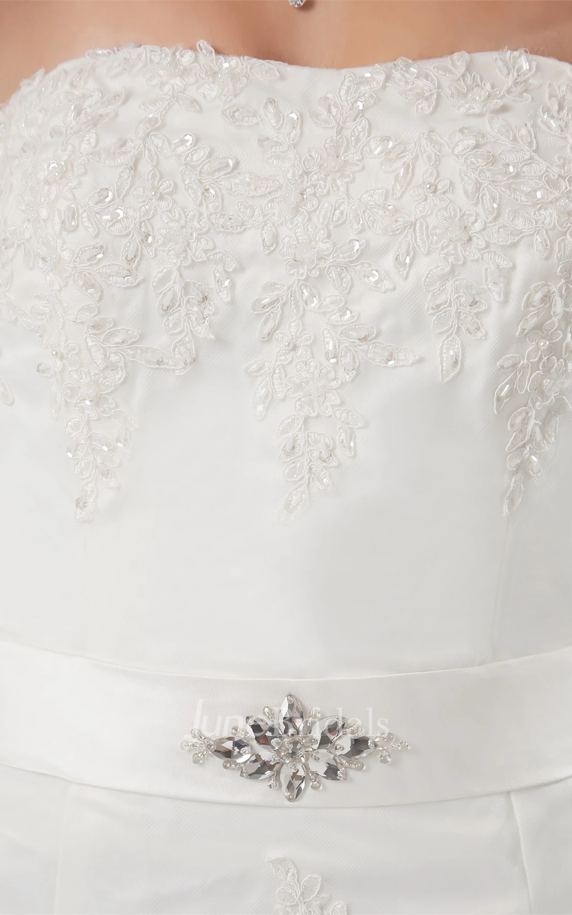 strapless maxi lace dress with court train and broach