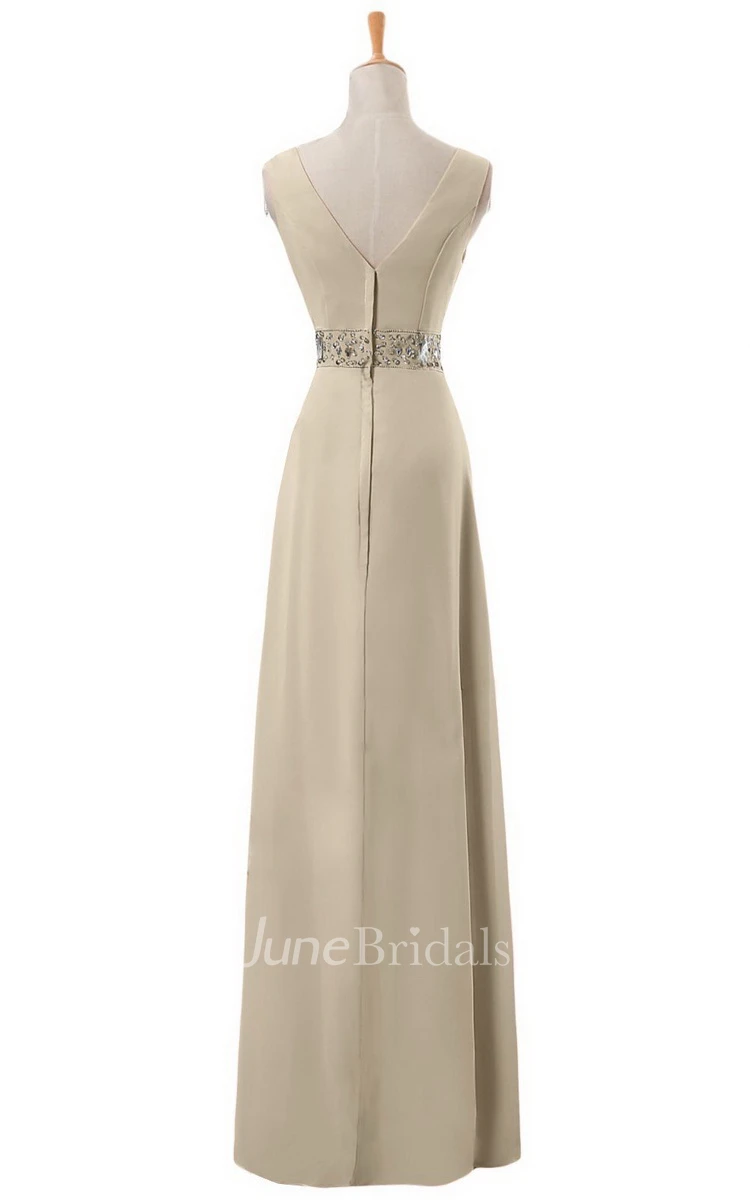 V-neck Long Empire Chiffon Dress With Rhinestones