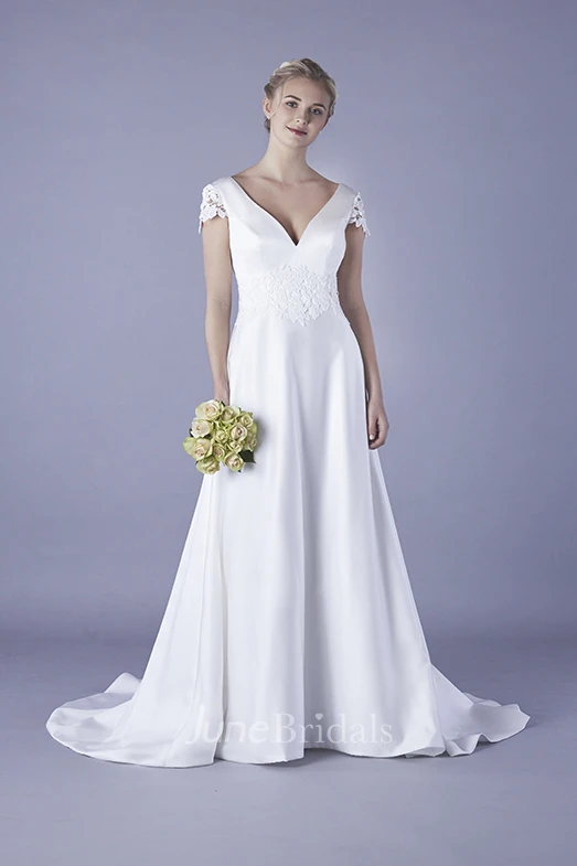Plunging V-neck Satin Wedding Dress With Appliques And Floral Cap Sleeves