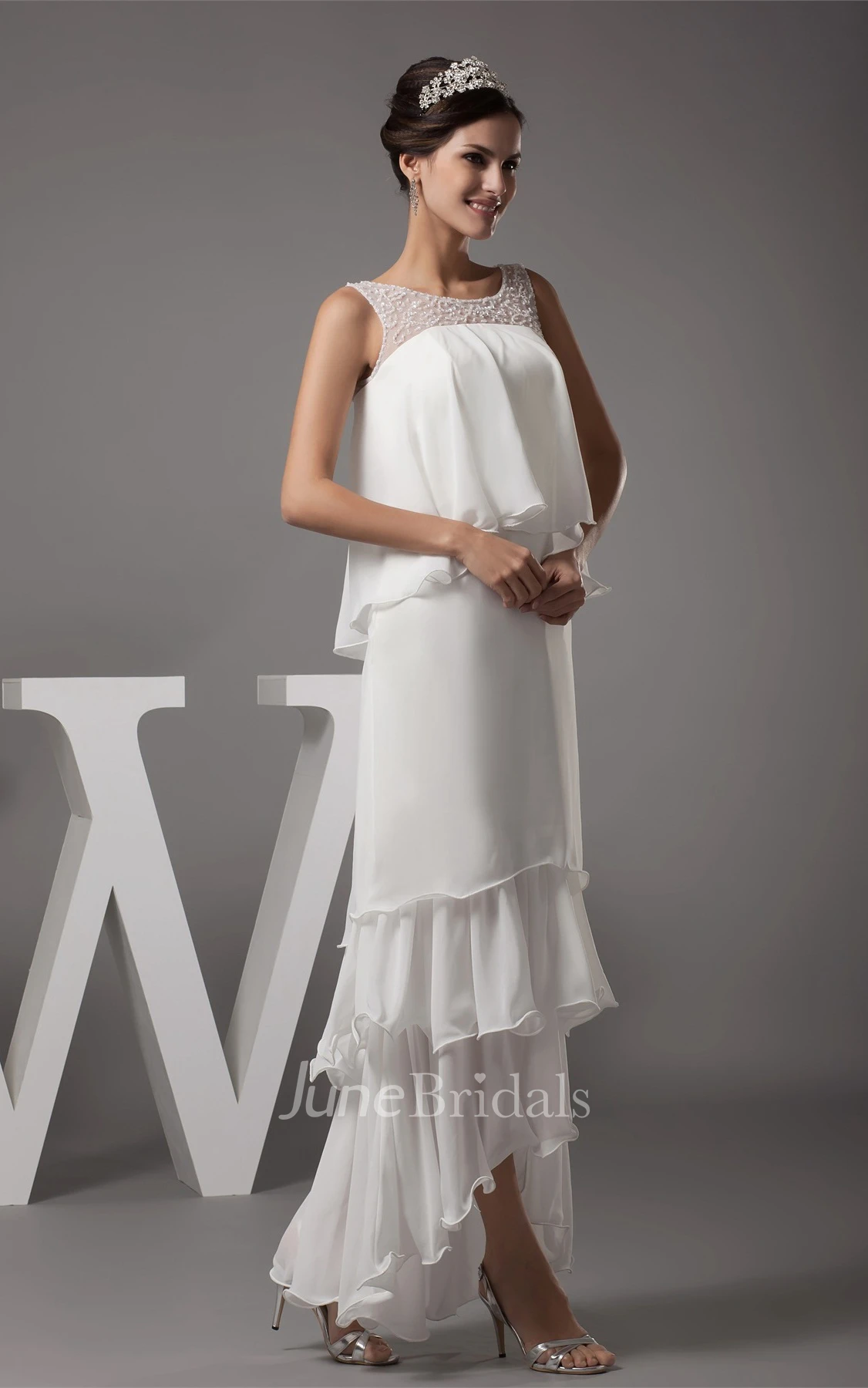 Sleeveless Chiffon Tiered High-Low Dress with Illusion Neckline