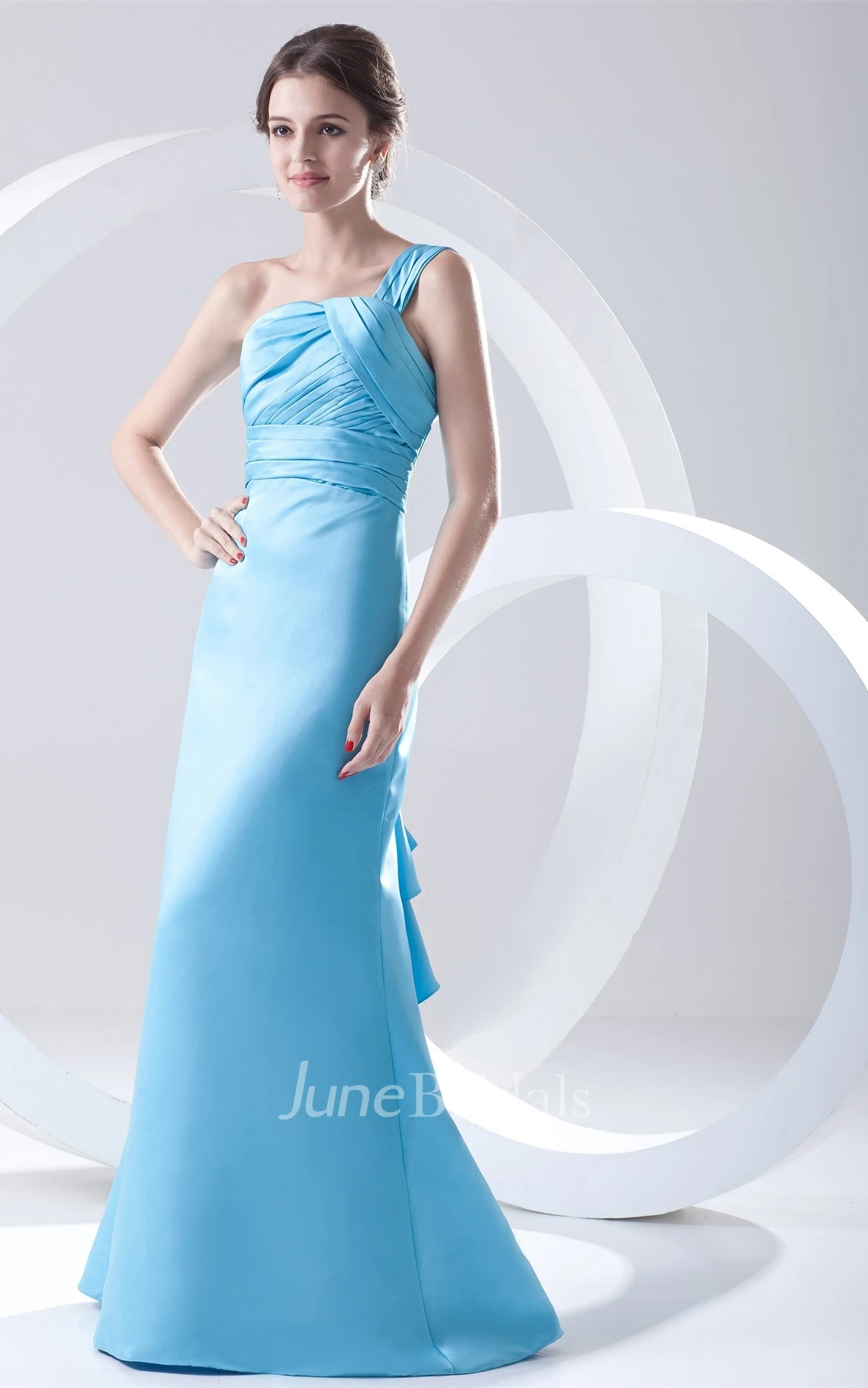 one-shoulder sheath floor-length dress with back tiers and ruching