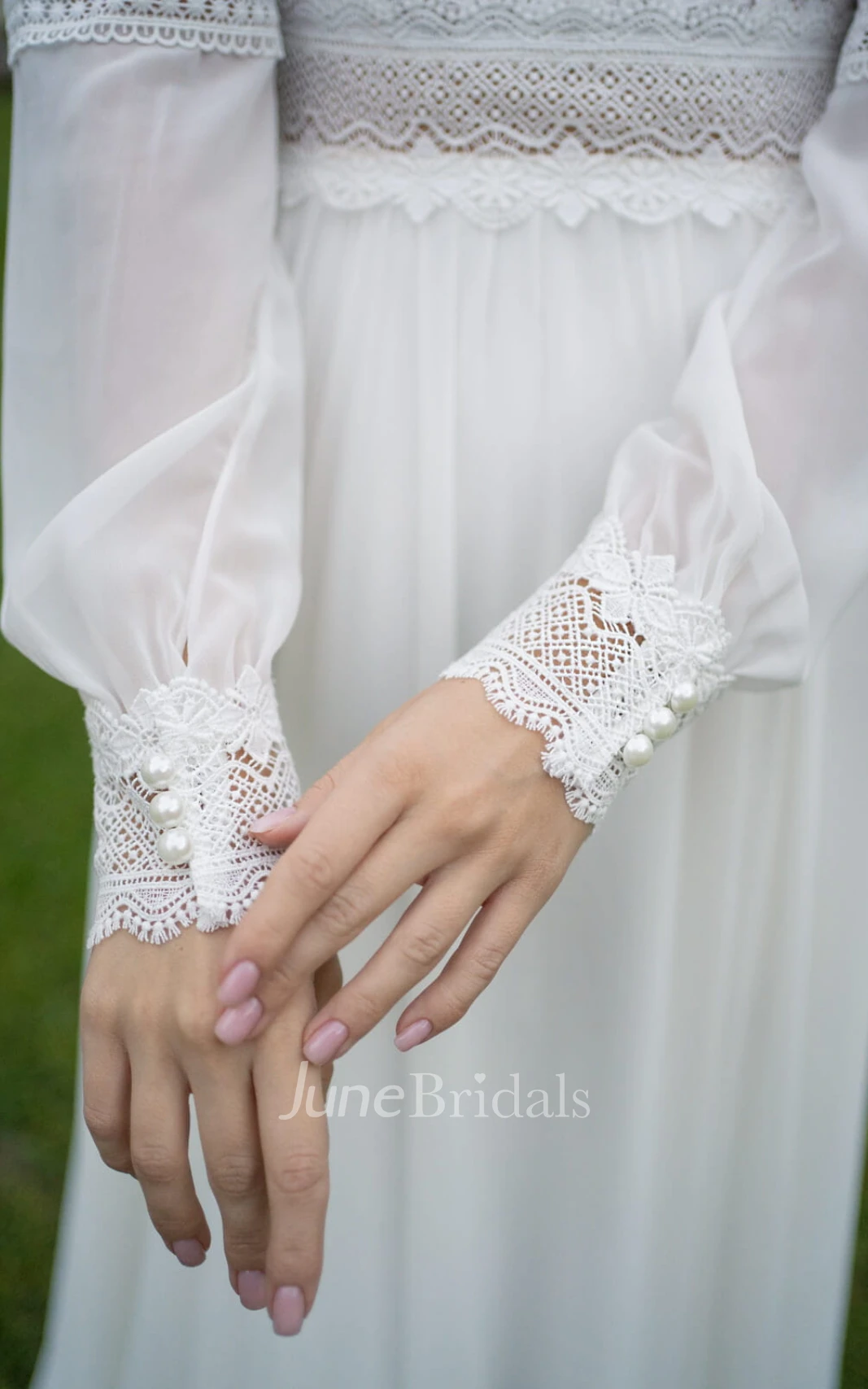 A-Line V-neck Chiffon Beach Warm Wedding Dress With Illusion Low-V Back And Poet Sleeves