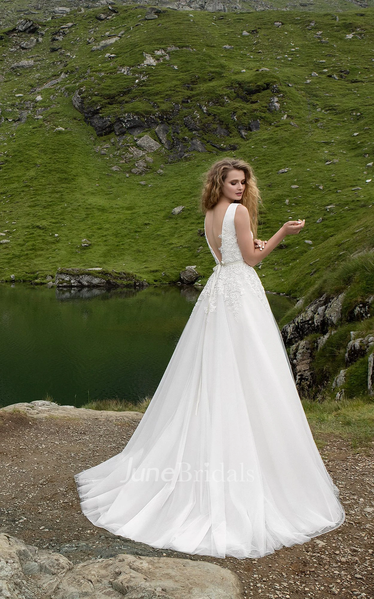 Sleeveless V-neck Appliques Tulle Dress With Low V Back