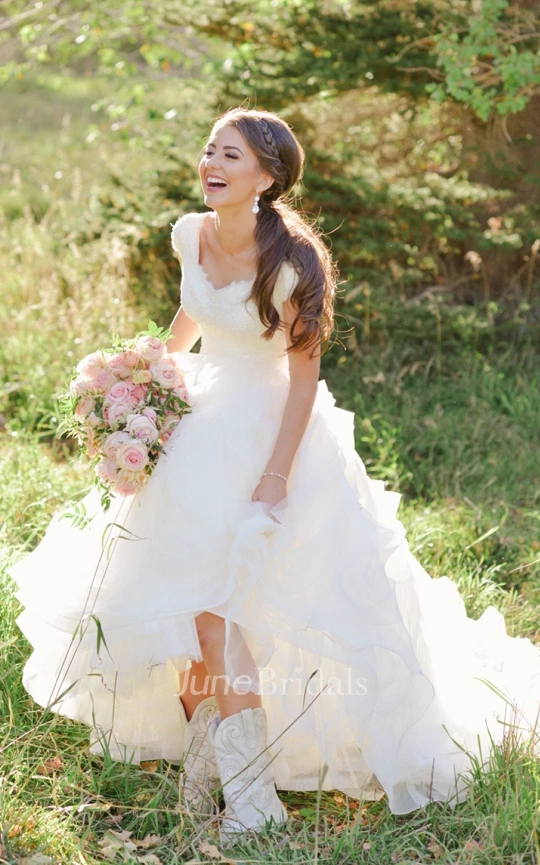 Cowboy Boots V neck Ruffles Tiered Skirt A line Lace Organza Wedding Dress with Cap Sleeves June Bridals