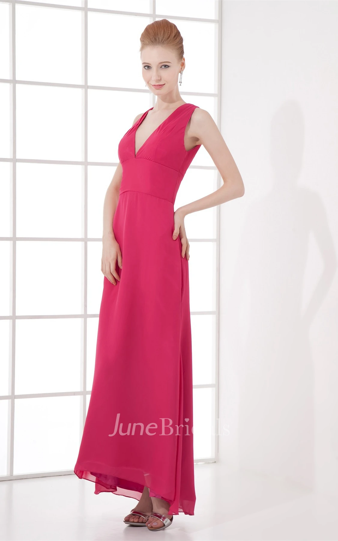 plunged chiffon ankle-length sleeveless dress with keyhole back