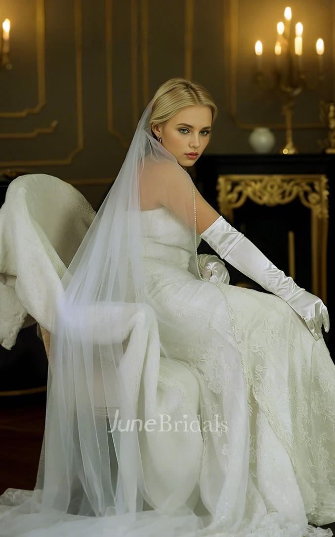 Simple Elegant Waterfall One-Tier Fingertip Length Tulle Beading Wedding Veil with Comb