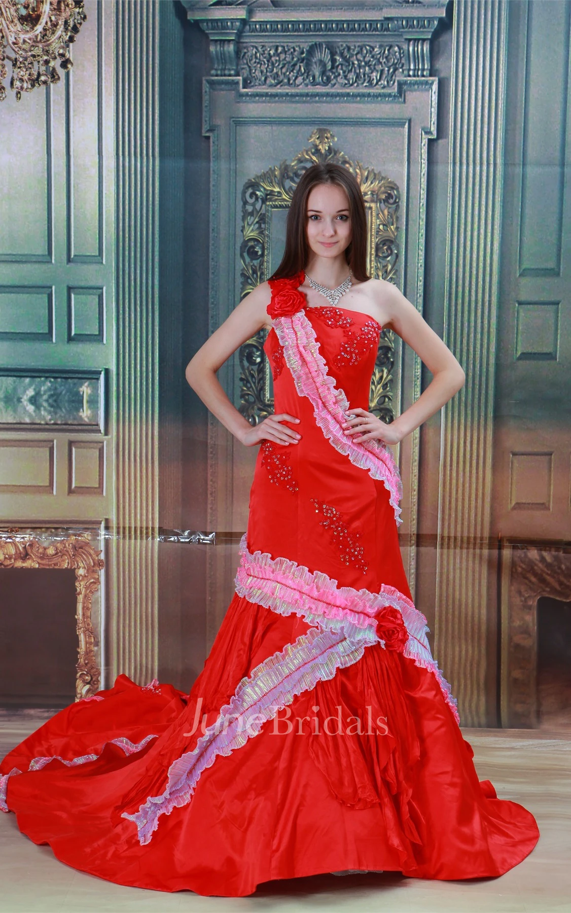 single-strap maxi beaded a-line dress with cathedral train and flower