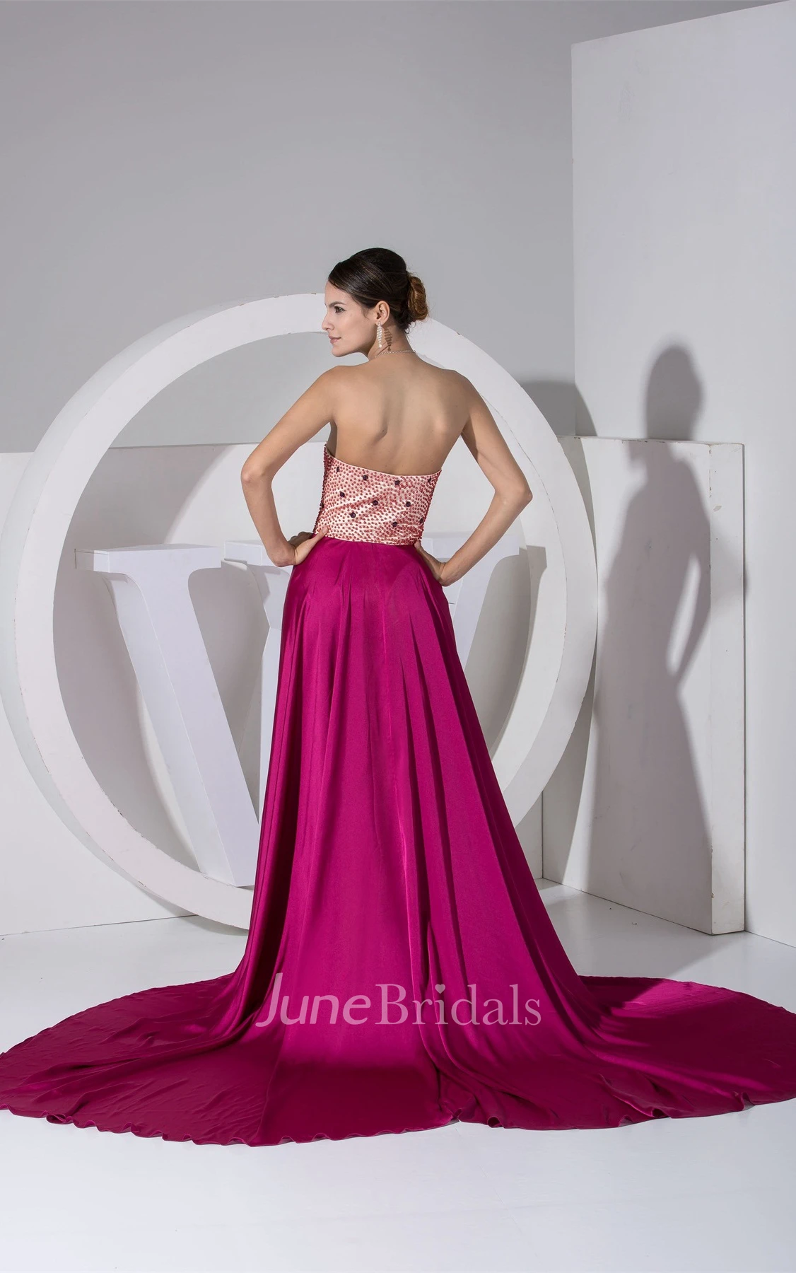 Sweetheart Front-Split Chiffon Dress with Rhinestone and Pleats