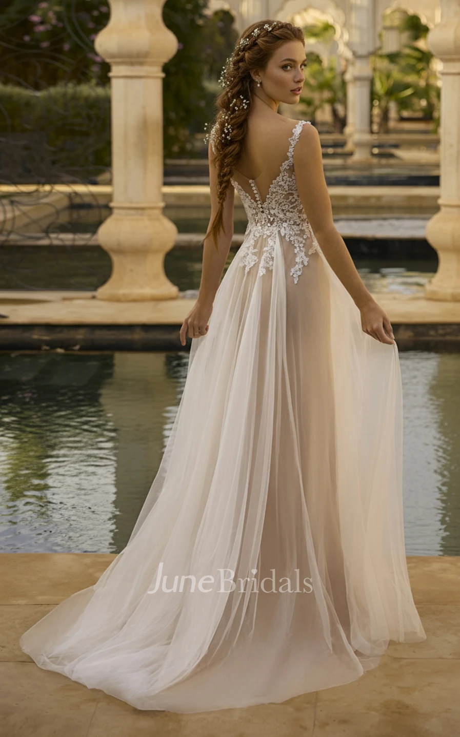 Floral A-Line Lace Sleeveless Wedding Dress Romantic V-Neck Tulle Garden Bridal Gown