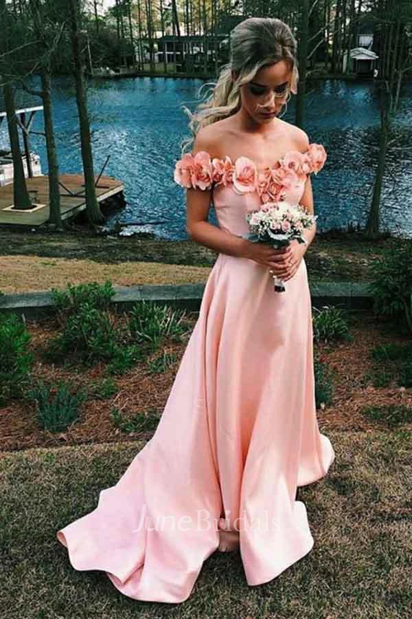 Off-the-shoulder Sweep Train Satin Sleeves Prom Dress with Flowers