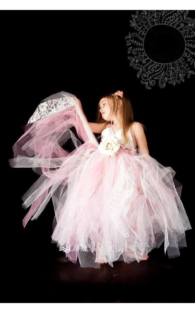 Flower Sleeveless V-neck Layered Tulle Gown With Lace Detailing