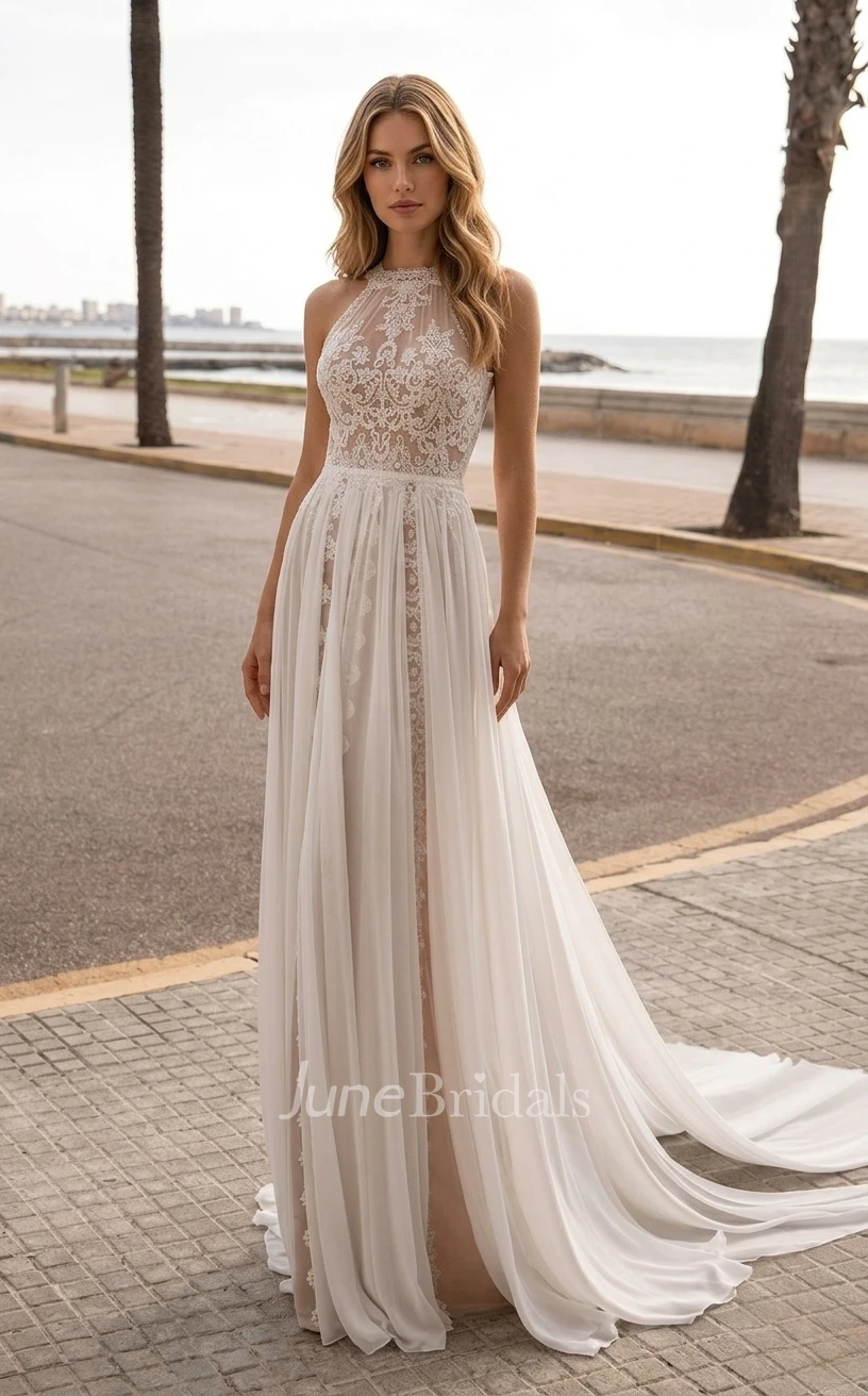 Bohemian Halter Neck Lace Wedding Dress Sleeveless A-Line Beach Destination Gown
