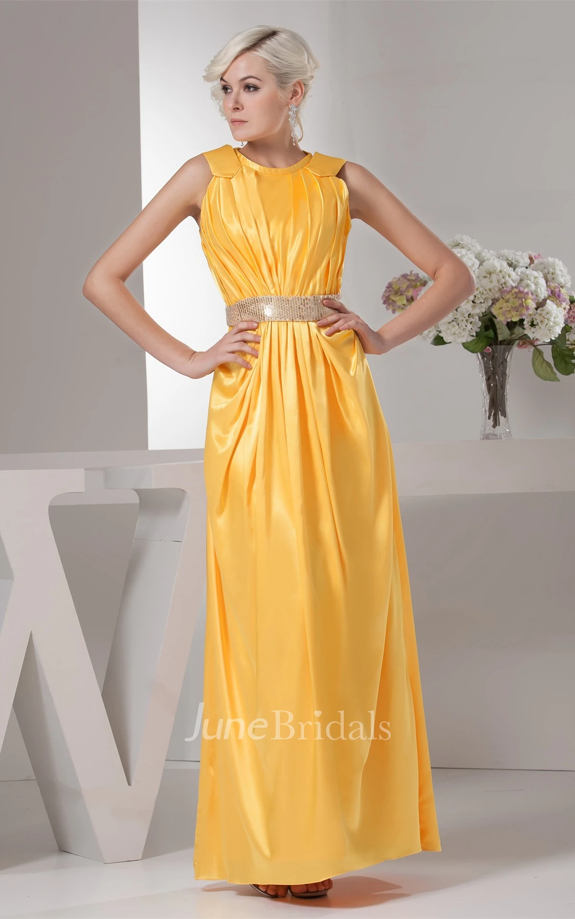 Caped-Sleeve Ruched Ankle-Length Dress with Gemmed Waist