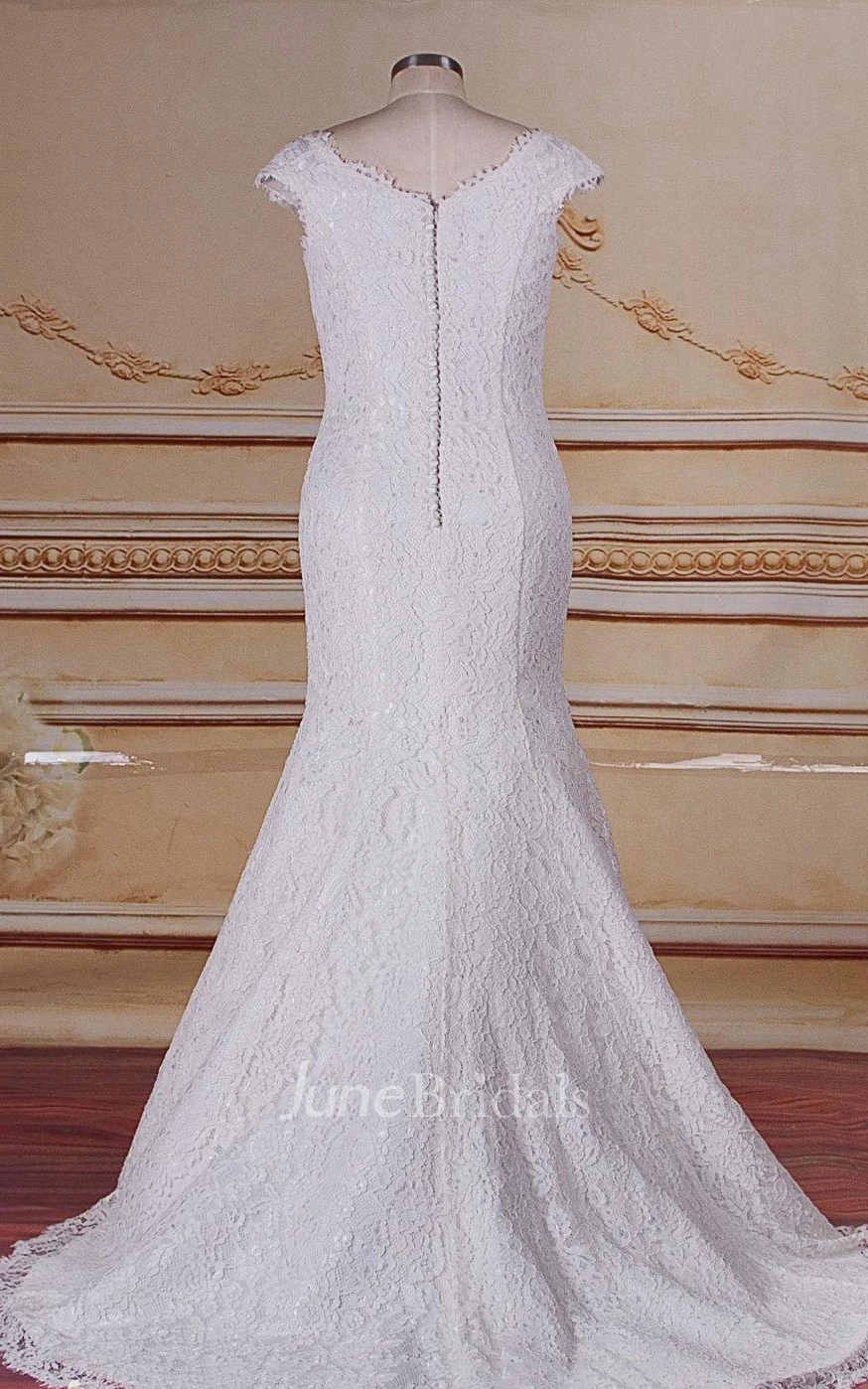 Mermaid V-Neck Cap Sleeve Lace Satin Weddig Dress