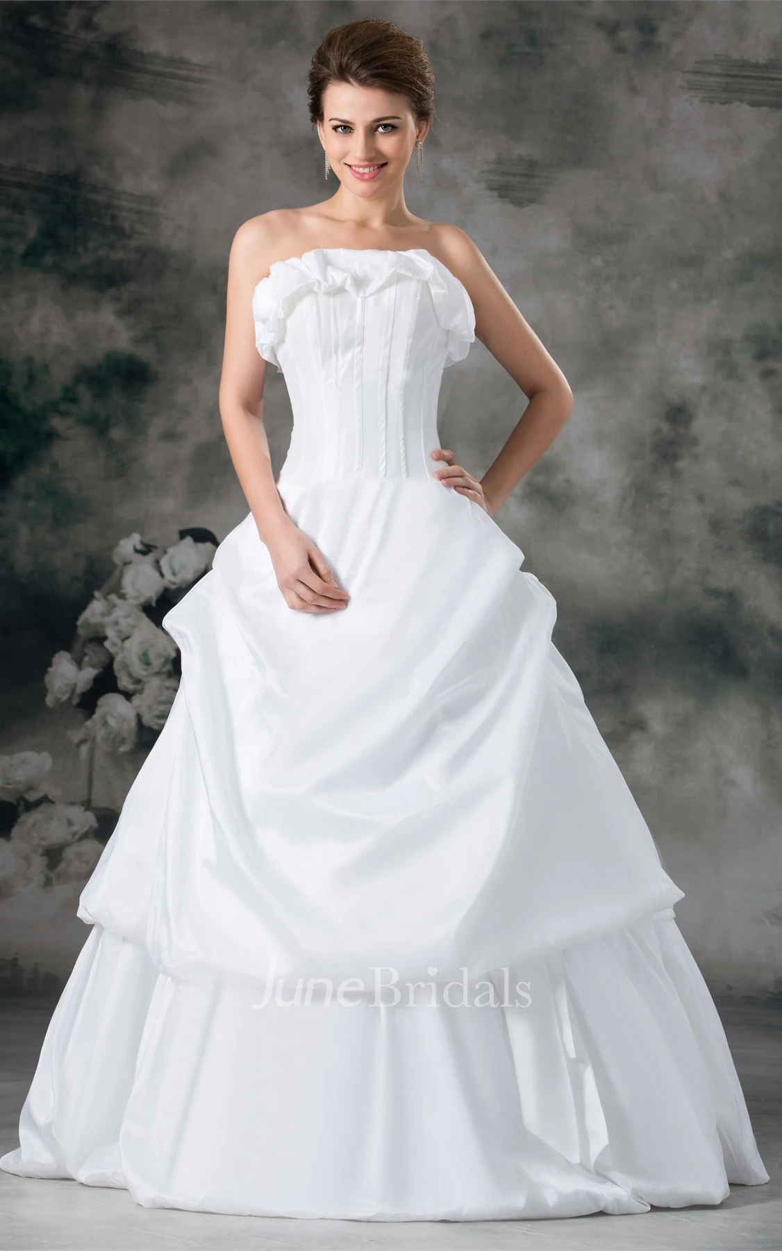 strapless maxi a-line gown with ruffles and pick up