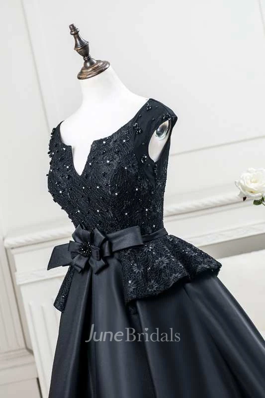 Cap Sleeve Pleated Lace Bodice Satin Tea Length Dress With Flower