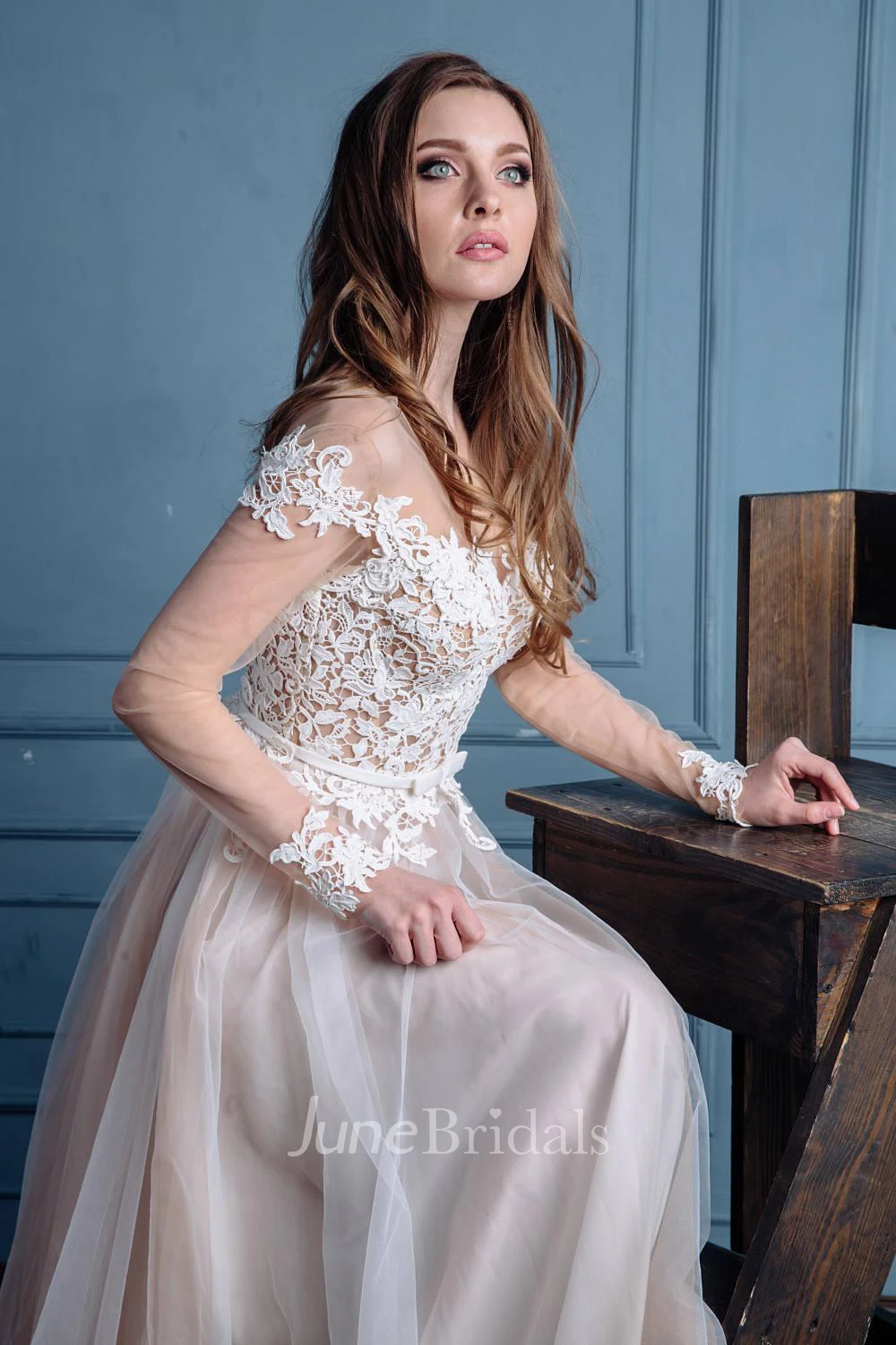 Illusion Long Sleeve Lace Appliqued Tulle A-Line Wedding Dress
