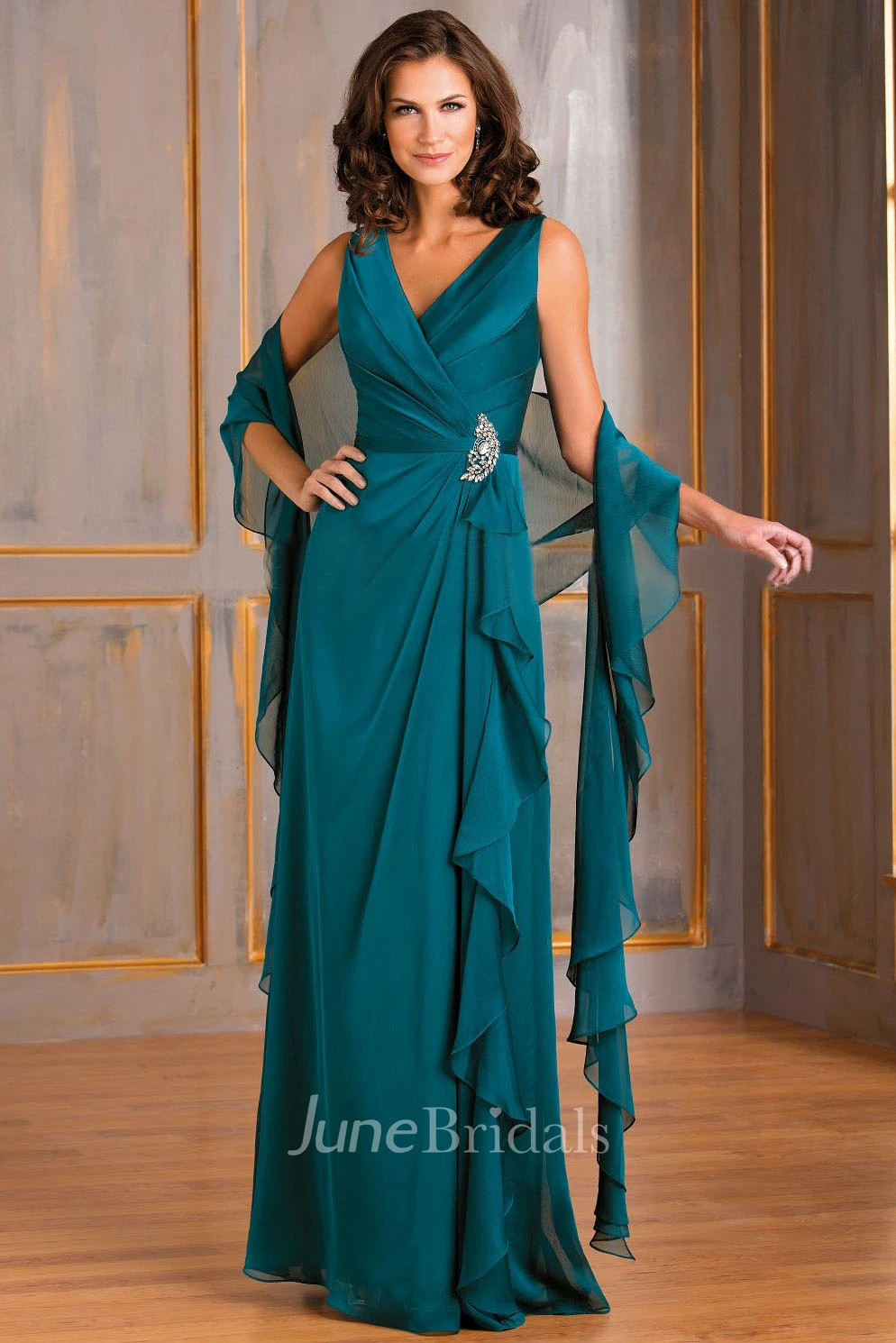 Crystal-Embellished Ruffled Gown with Matching Shawl Sleeveless V-Neck
