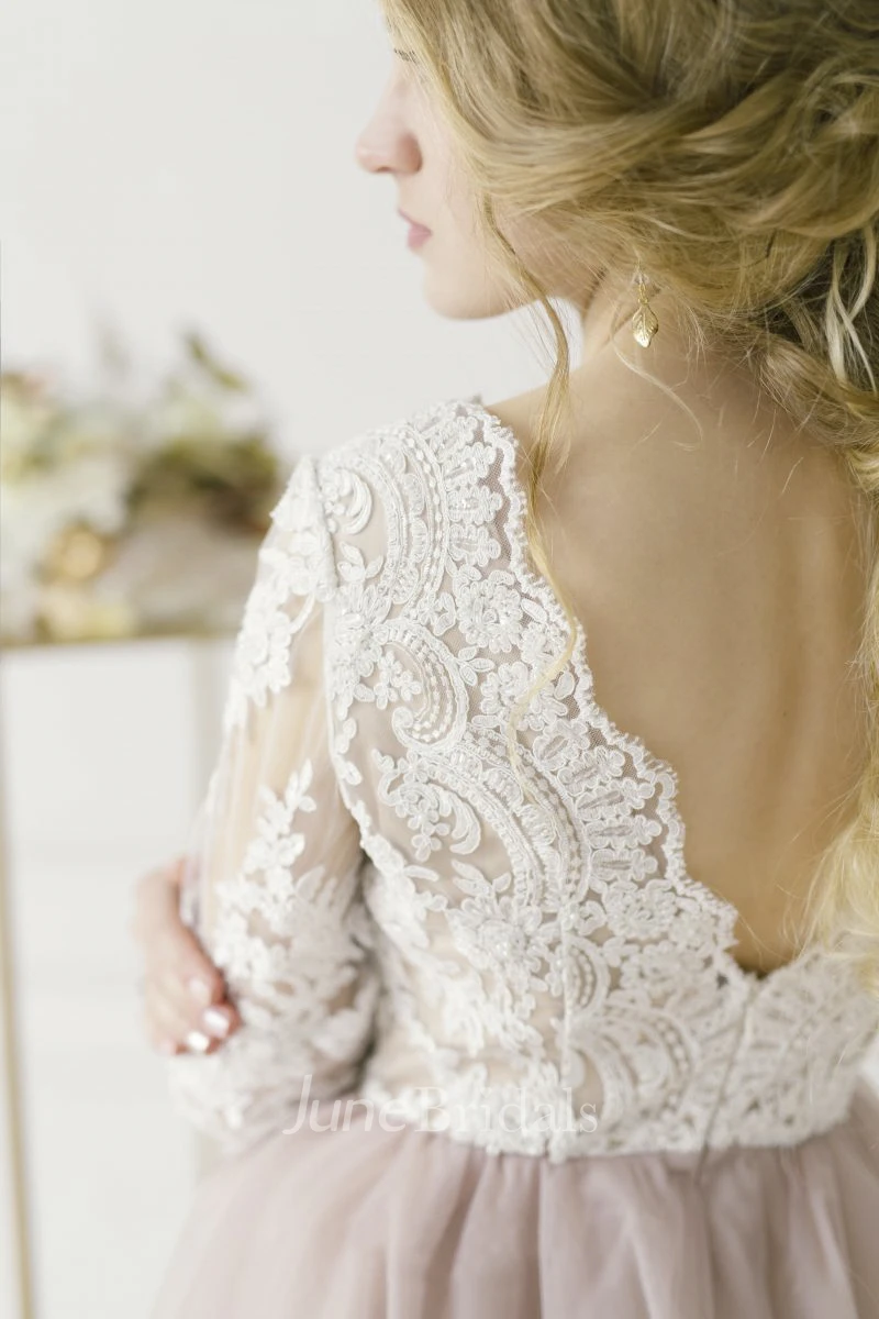 Lace V-neck 3/4 Sleeve Adorable Tulle Wedding Dress