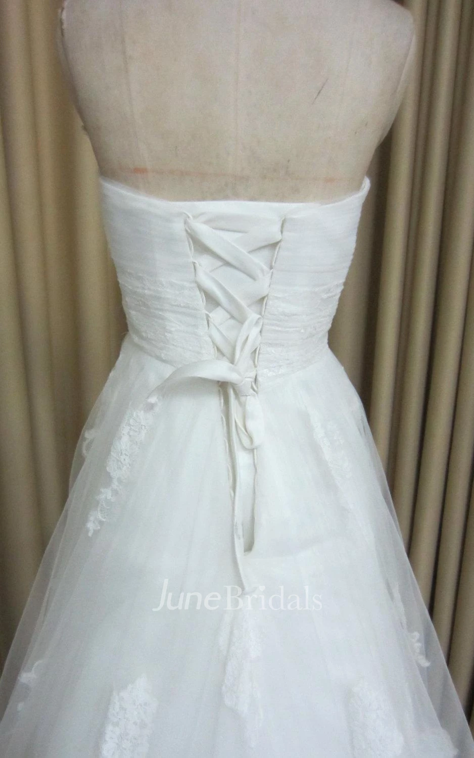 Long A-Line Criss-Cross Wedding Dress With Lace Trim and Ruching