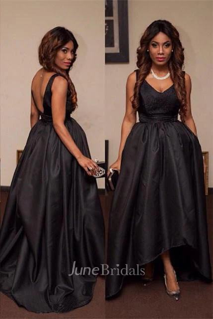 Sexy Black V-Neck Sleeveless Prom Dresses Hi-Lo Tail Party Gown