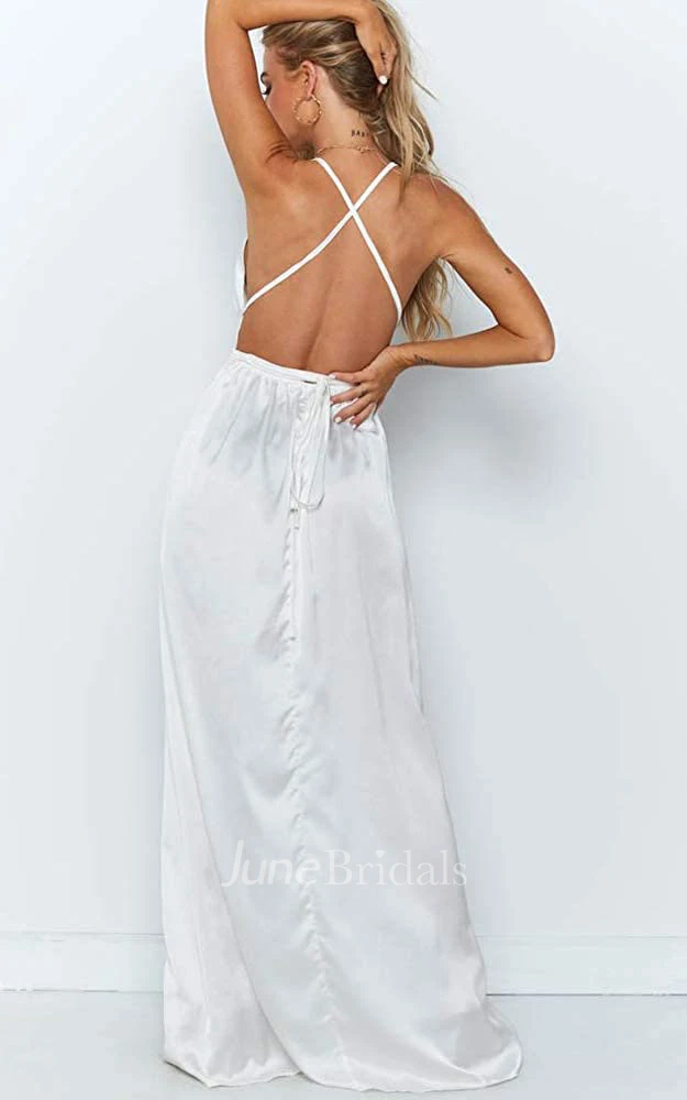 A Line V-neck Cowel Satin Evening Dress With Ruffles and Split Front