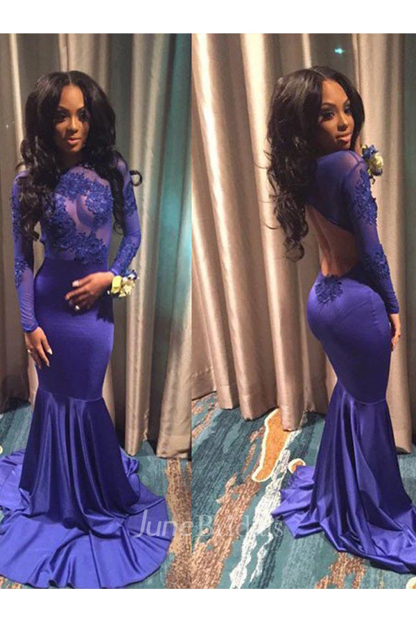 Trumpet Long Sleeves Scoop Silk like Satin Sweep Brush Train Dress