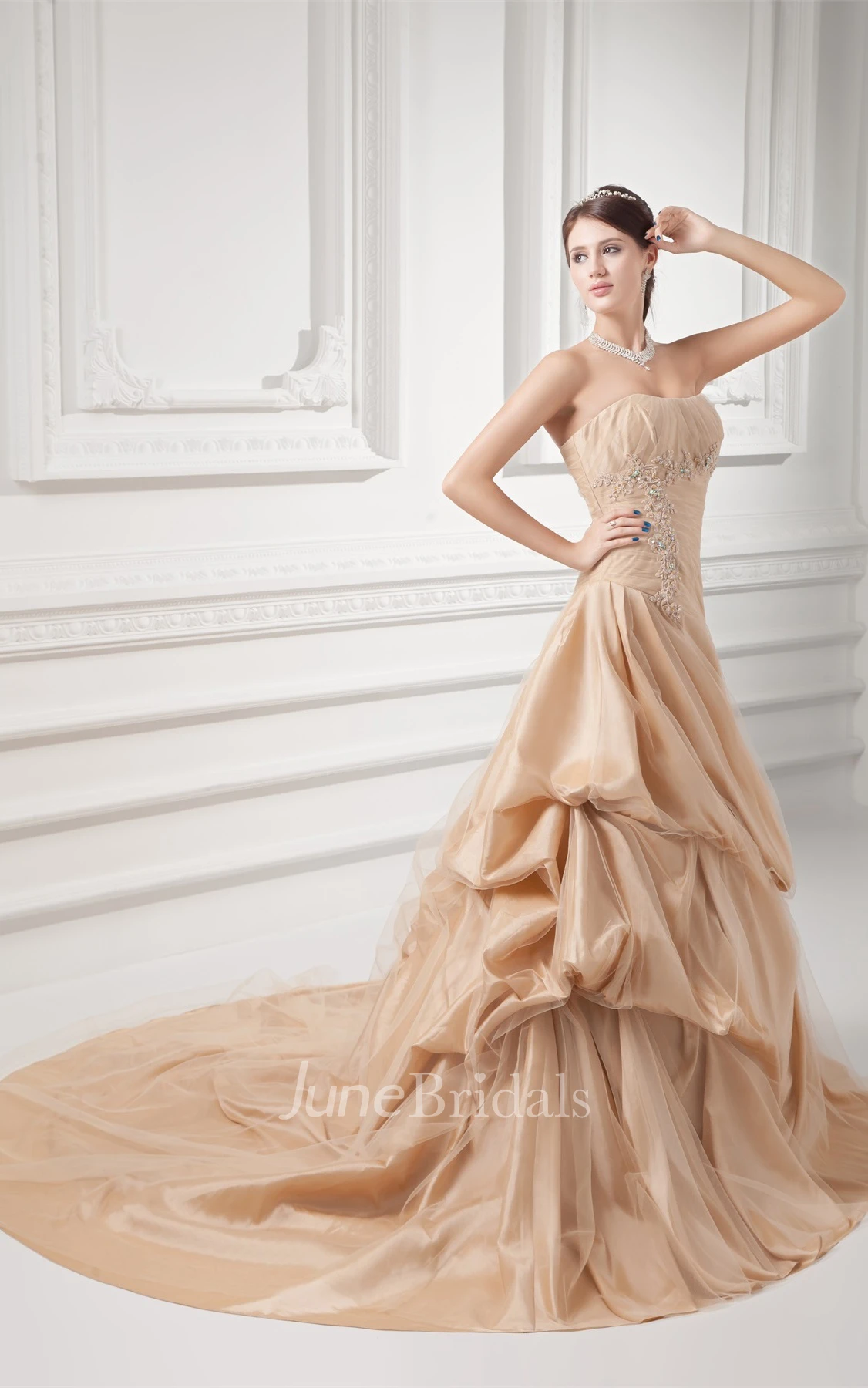 Strapless Pick-Up A-Line Ball Gown with Ruching and Beading