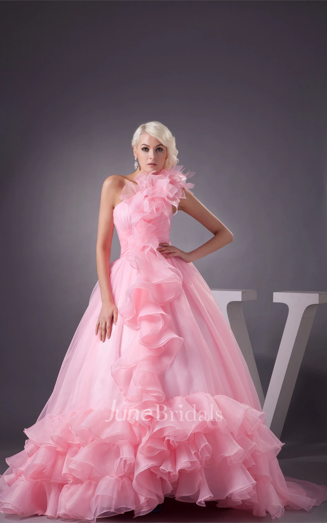 One-Shoulder Ruffled A-Line Dress with Tiers and Draping