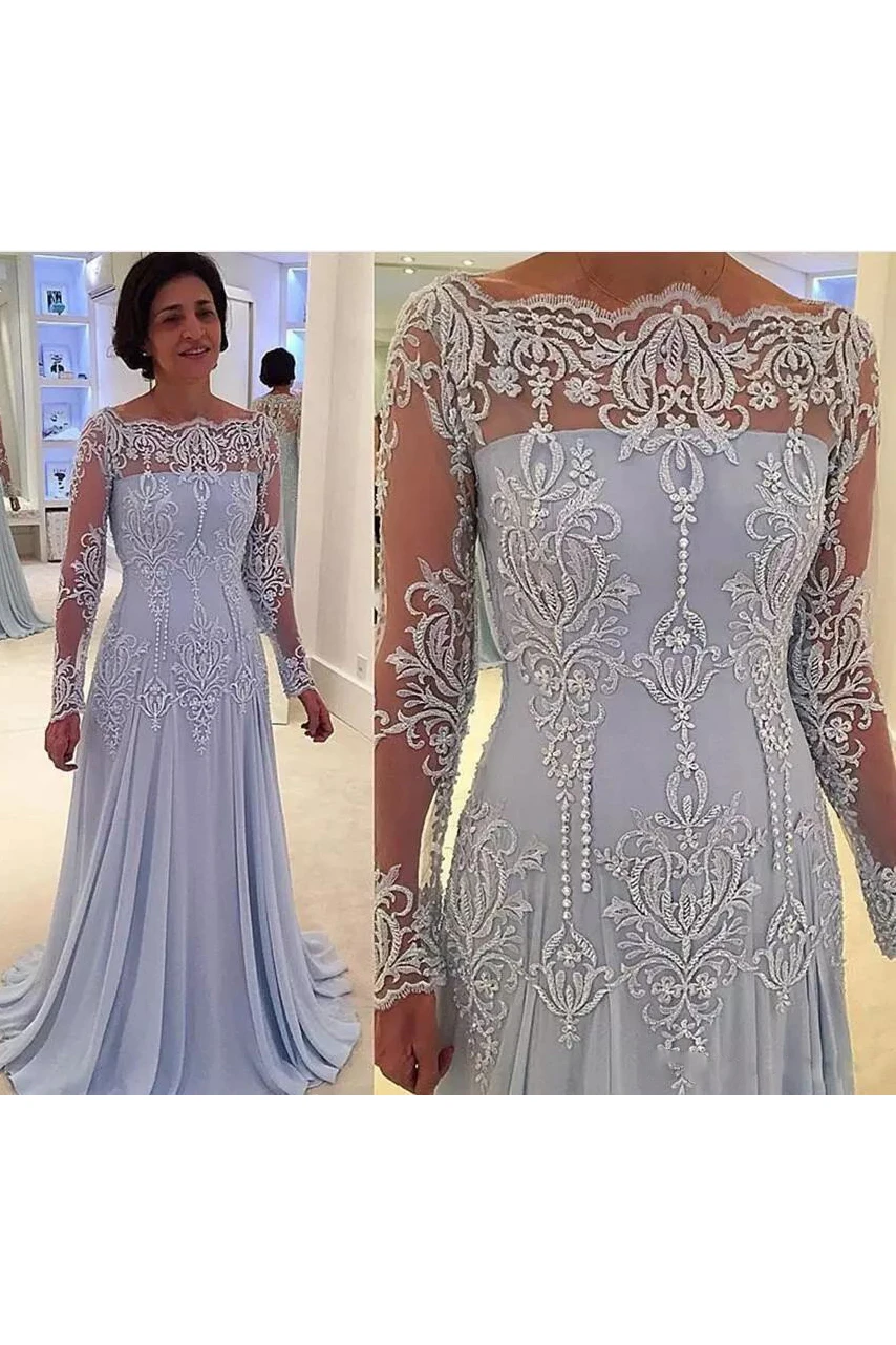 A-line Bateau Illusion Long Sleeve Floor-length Chiffon Lace Mother of the Bride Dress with Pleats