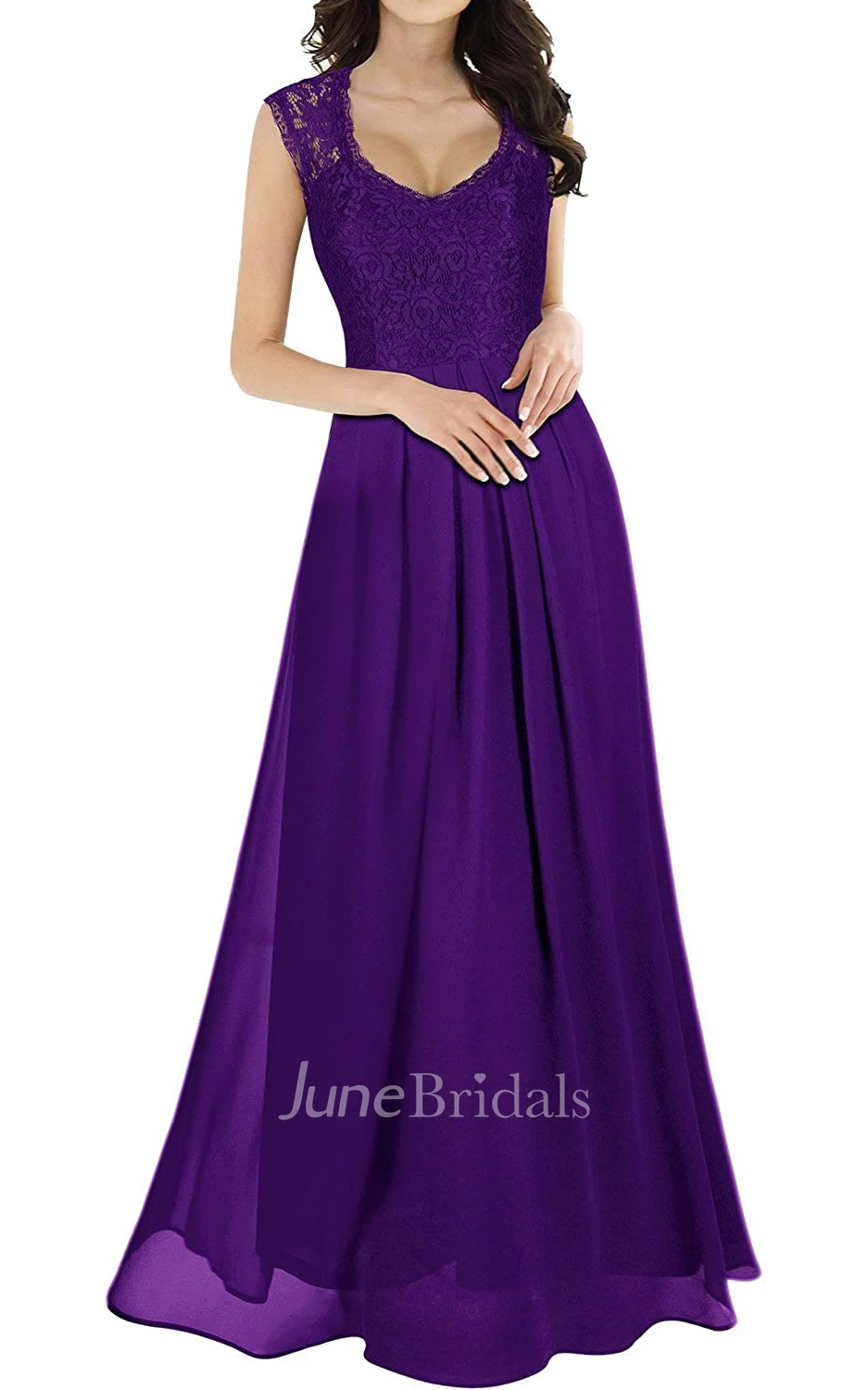 A Line Scalloped Chiffon Lace Sleeveless Evening Dress With Ruffles